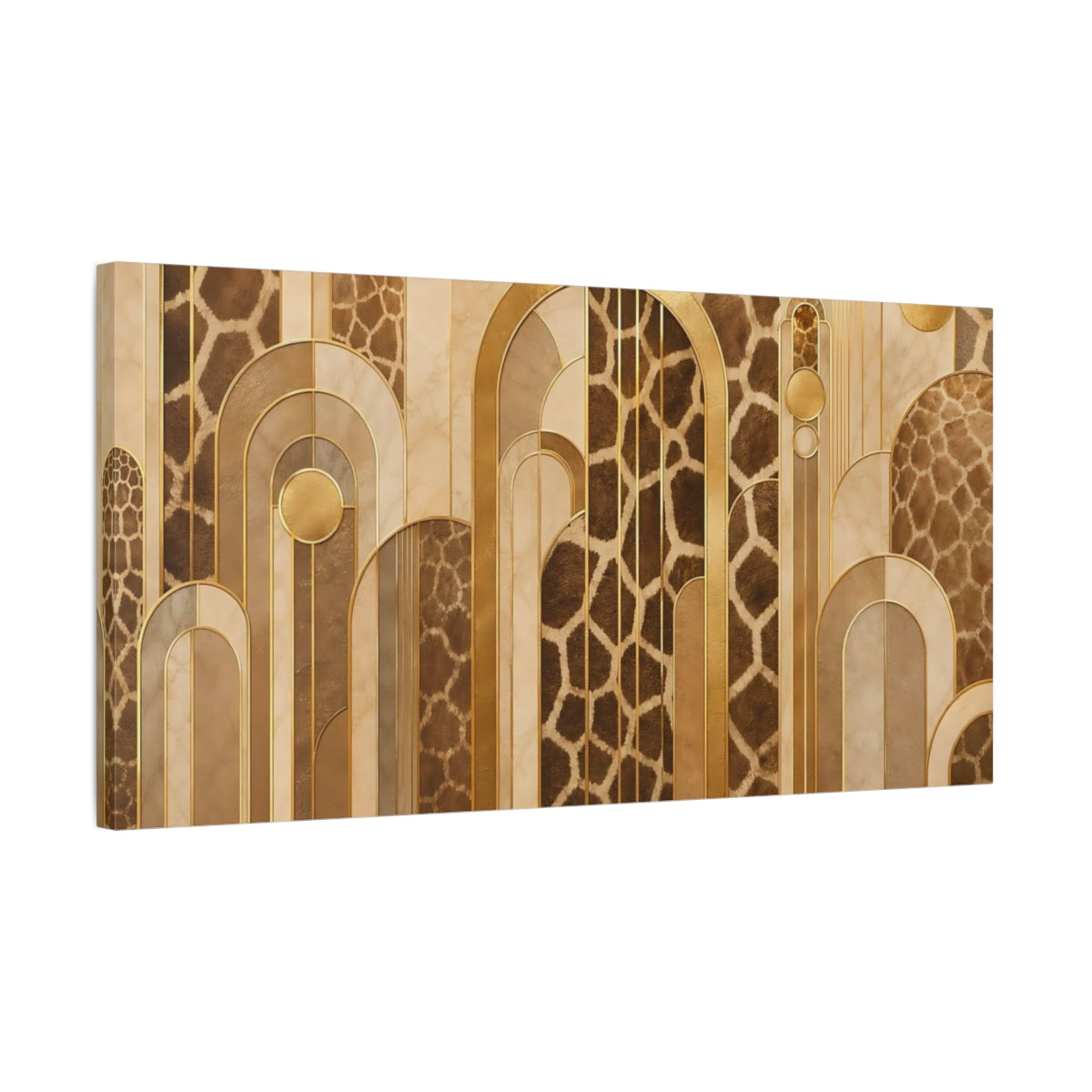 Side Mockup 1. Abstract Giraffe Pattern Brown And Gold shown as stretched canvas wall art