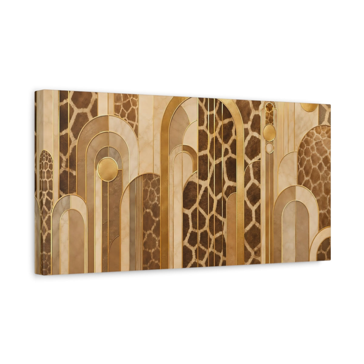 Side Mockup 3. Abstract Giraffe Pattern Brown And Gold shown as stretched canvas wall art