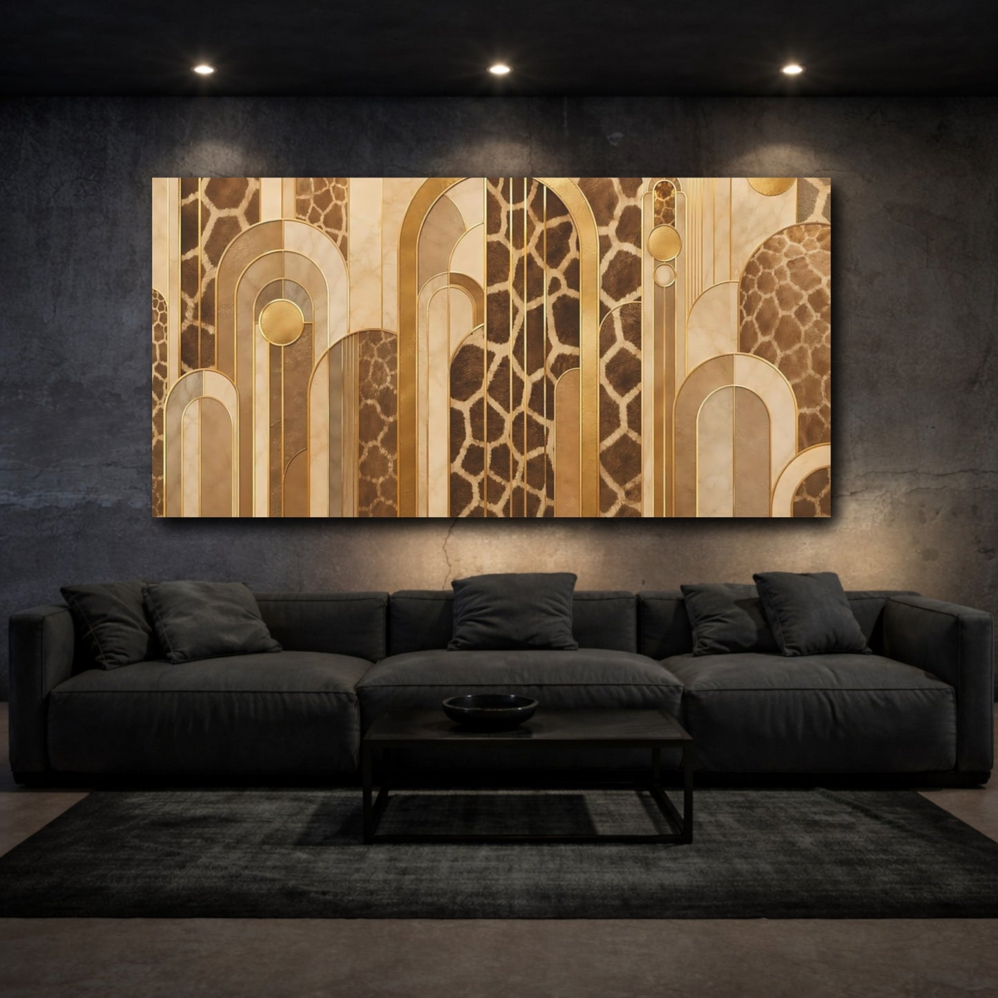 Mockup 2. Abstract Giraffe Pattern Brown And Gold shown as stretched canvas wall art
