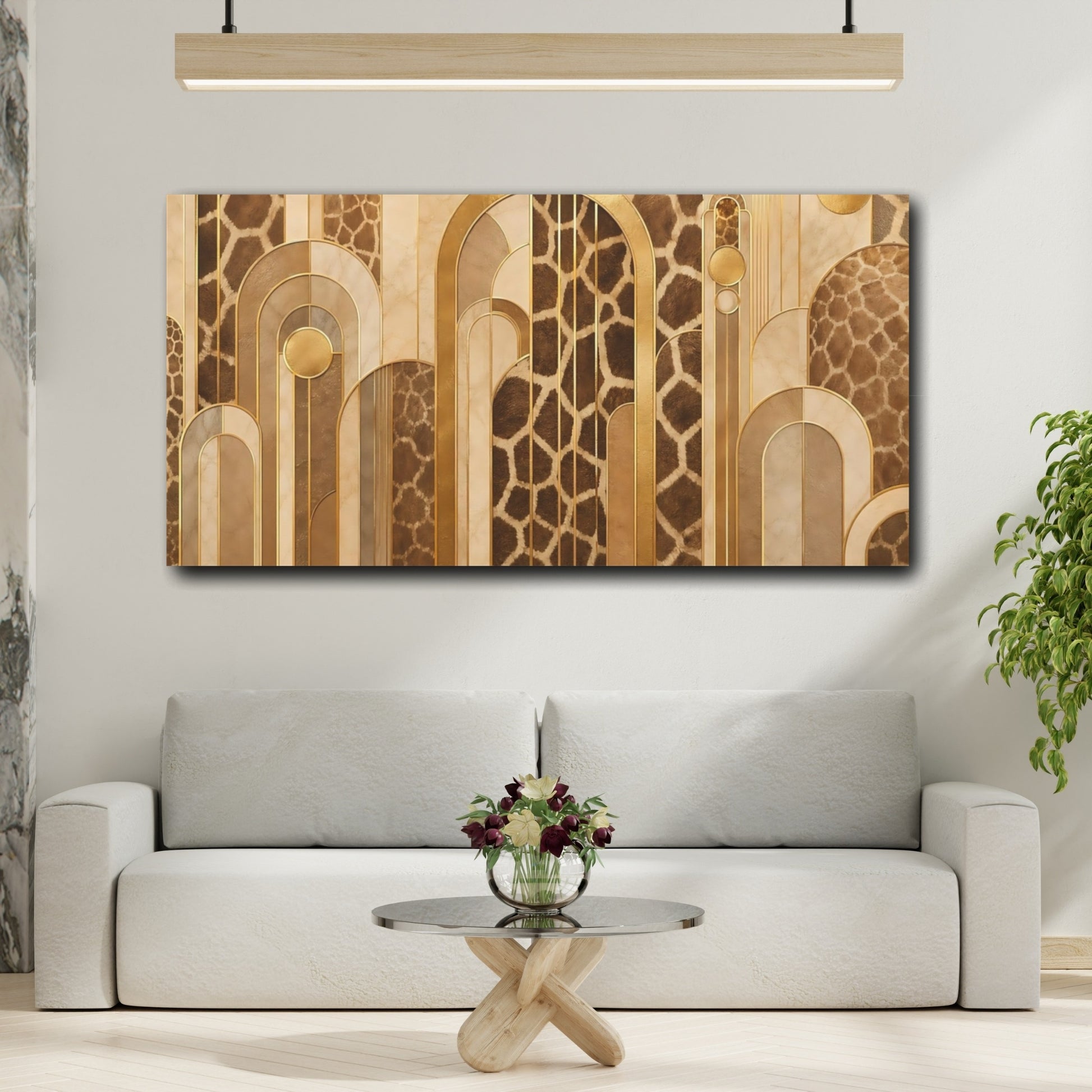 Mockup 3. Abstract Giraffe Pattern Brown And Gold shown as stretched canvas wall art