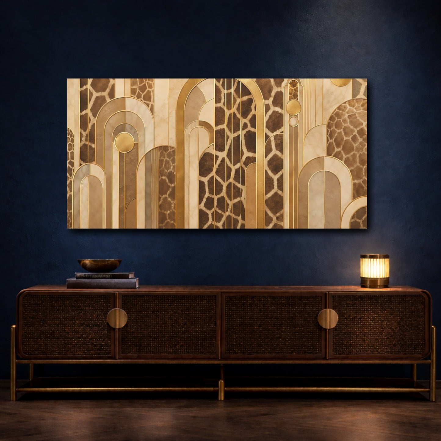 Mockup 4. Abstract Giraffe Pattern Brown And Gold shown as stretched canvas wall art