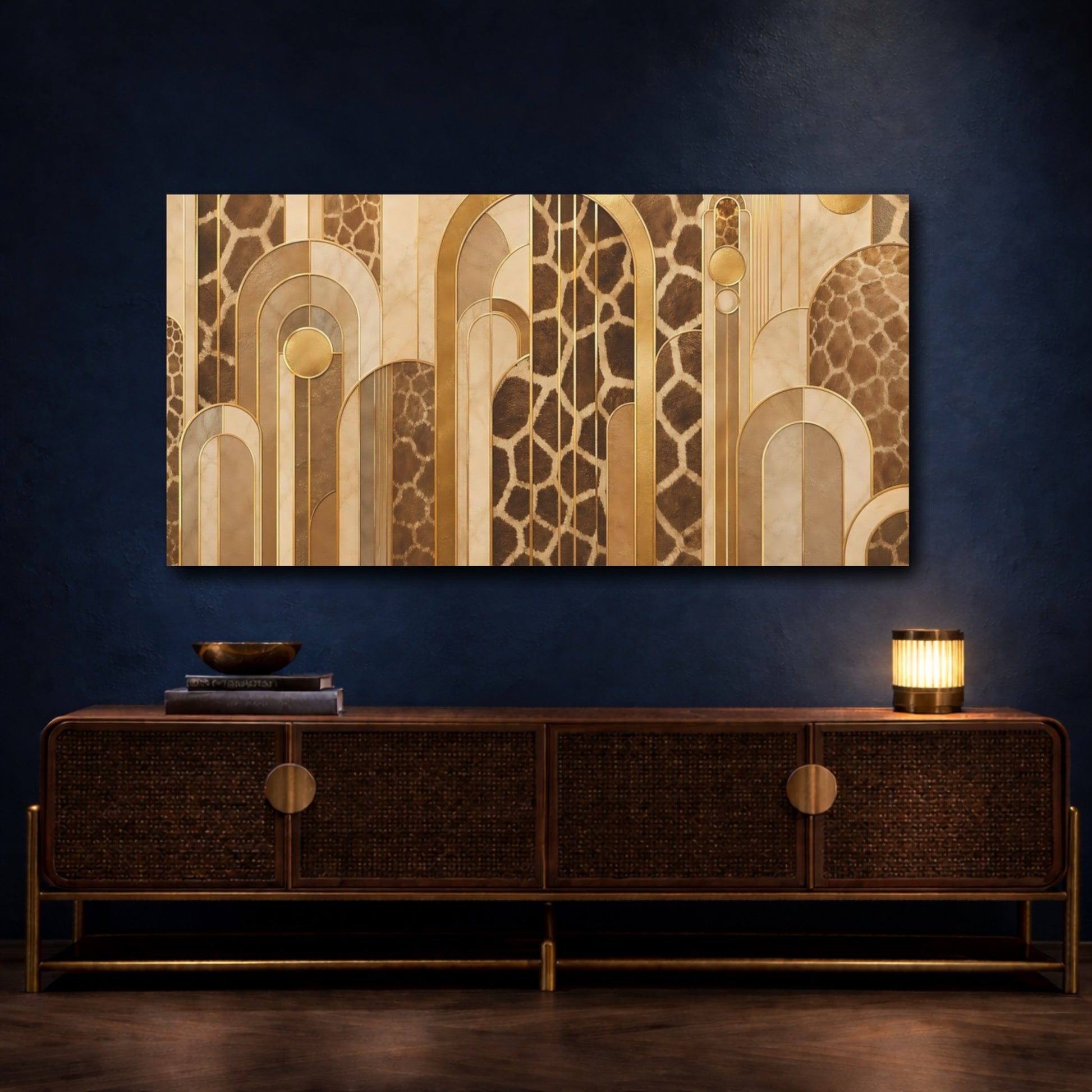 Mockup 4. Abstract Giraffe Pattern Brown And Gold shown as stretched canvas wall art