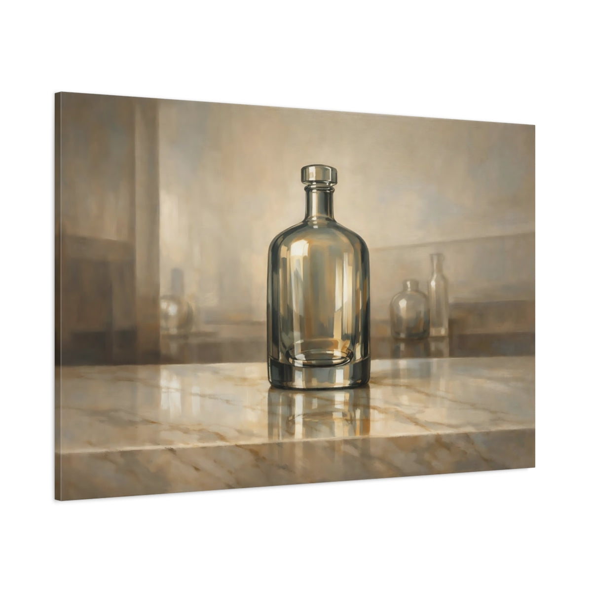 Main Mockup. Abstract Glass Bottle Brown And Gold shown as stretched canvas wall art
