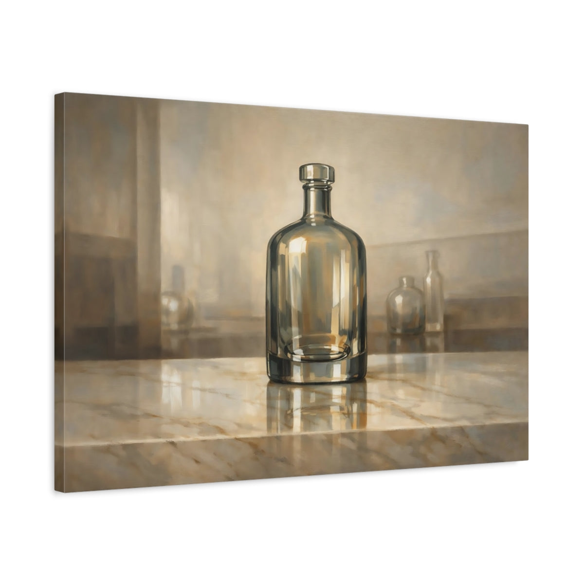 Side Mockup 2. Abstract Glass Bottle Brown And Gold shown as stretched canvas wall art