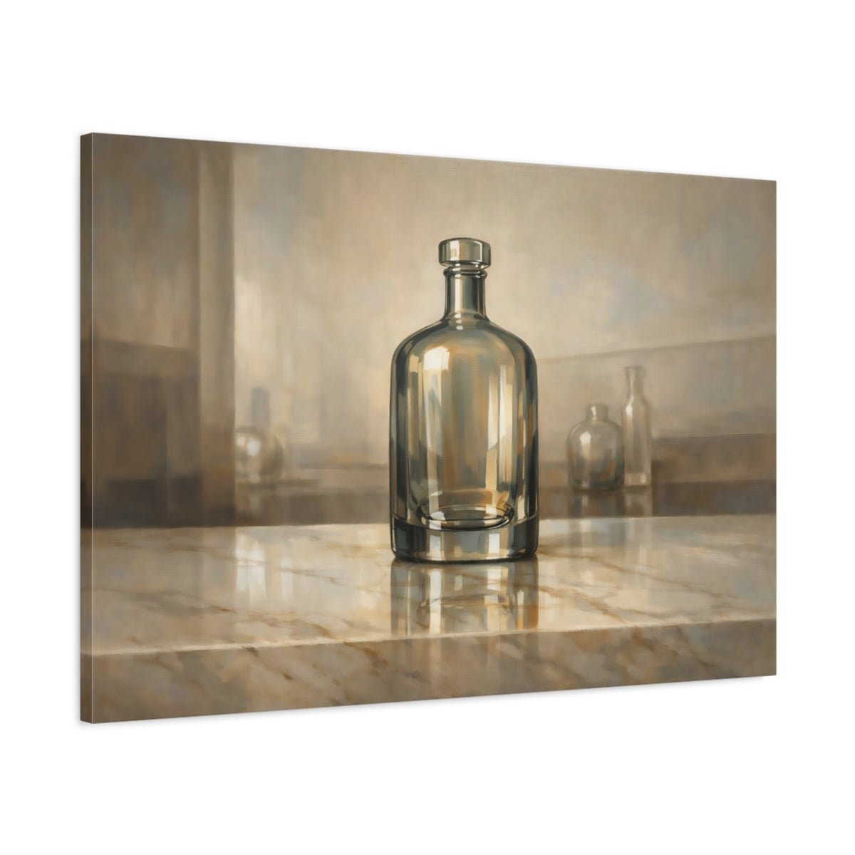 Side Mockup 1. Abstract Glass Bottle Brown And Gold shown as stretched canvas wall art