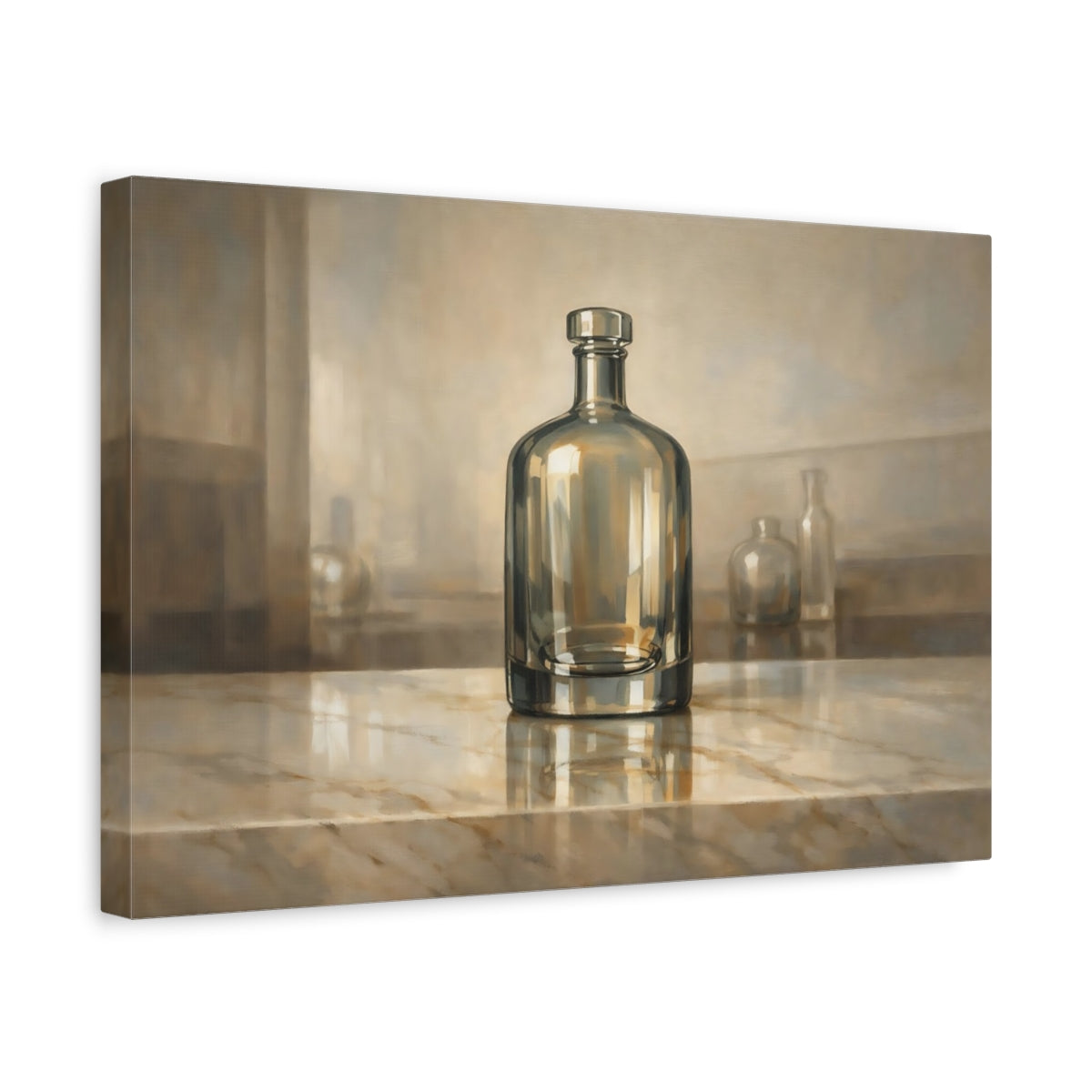 Side Mockup 4. Abstract Glass Bottle Brown And Gold shown as stretched canvas wall art
