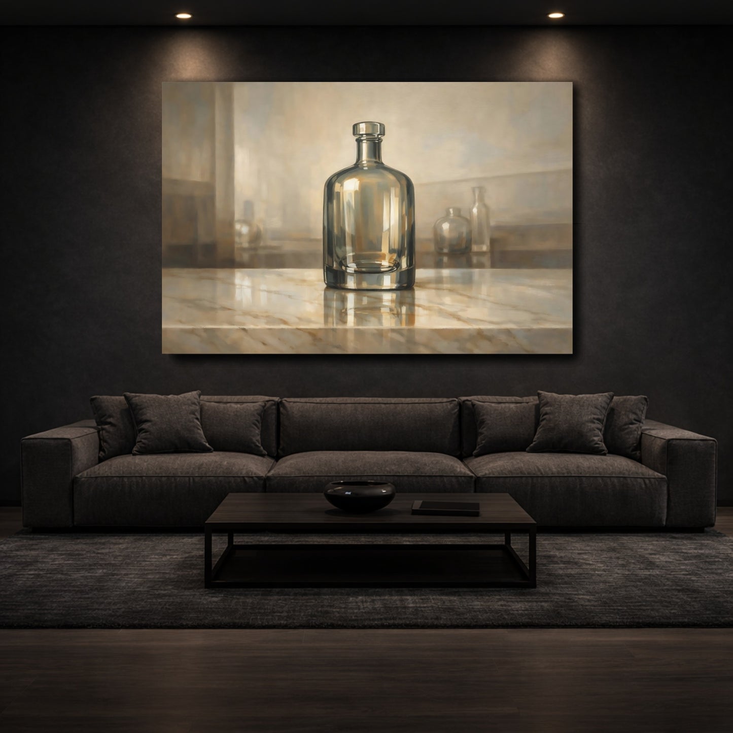 Mockup 2. Abstract Glass Bottle Brown And Gold shown as stretched canvas wall art