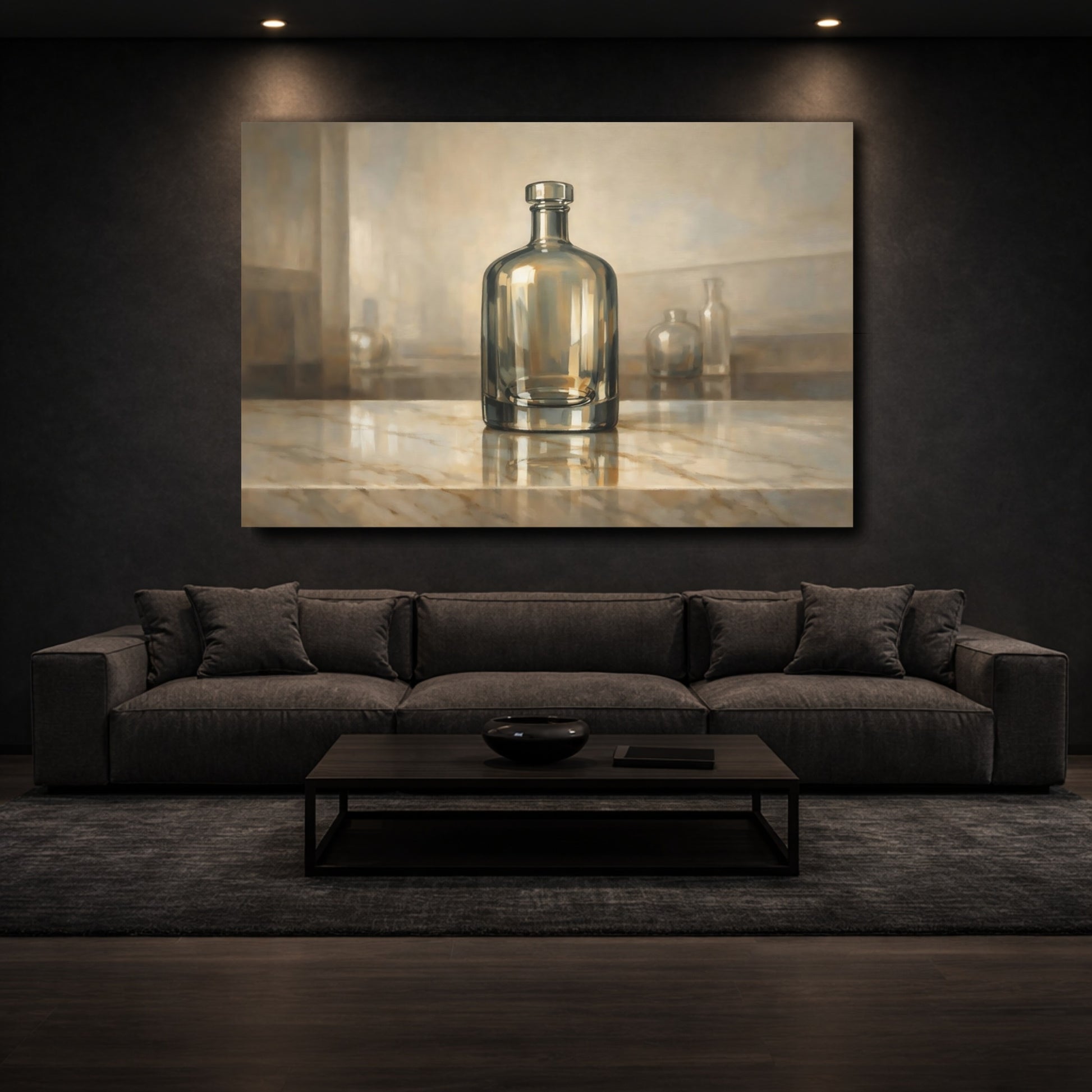 Mockup 2. Abstract Glass Bottle Brown And Gold shown as stretched canvas wall art
