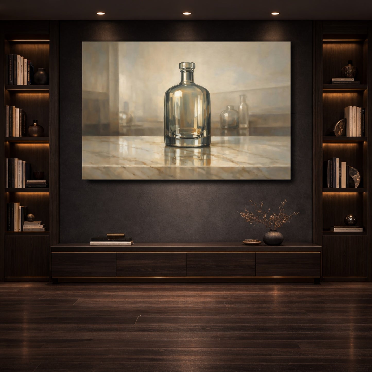 Mockup 3. Abstract Glass Bottle Brown And Gold shown as stretched canvas wall art