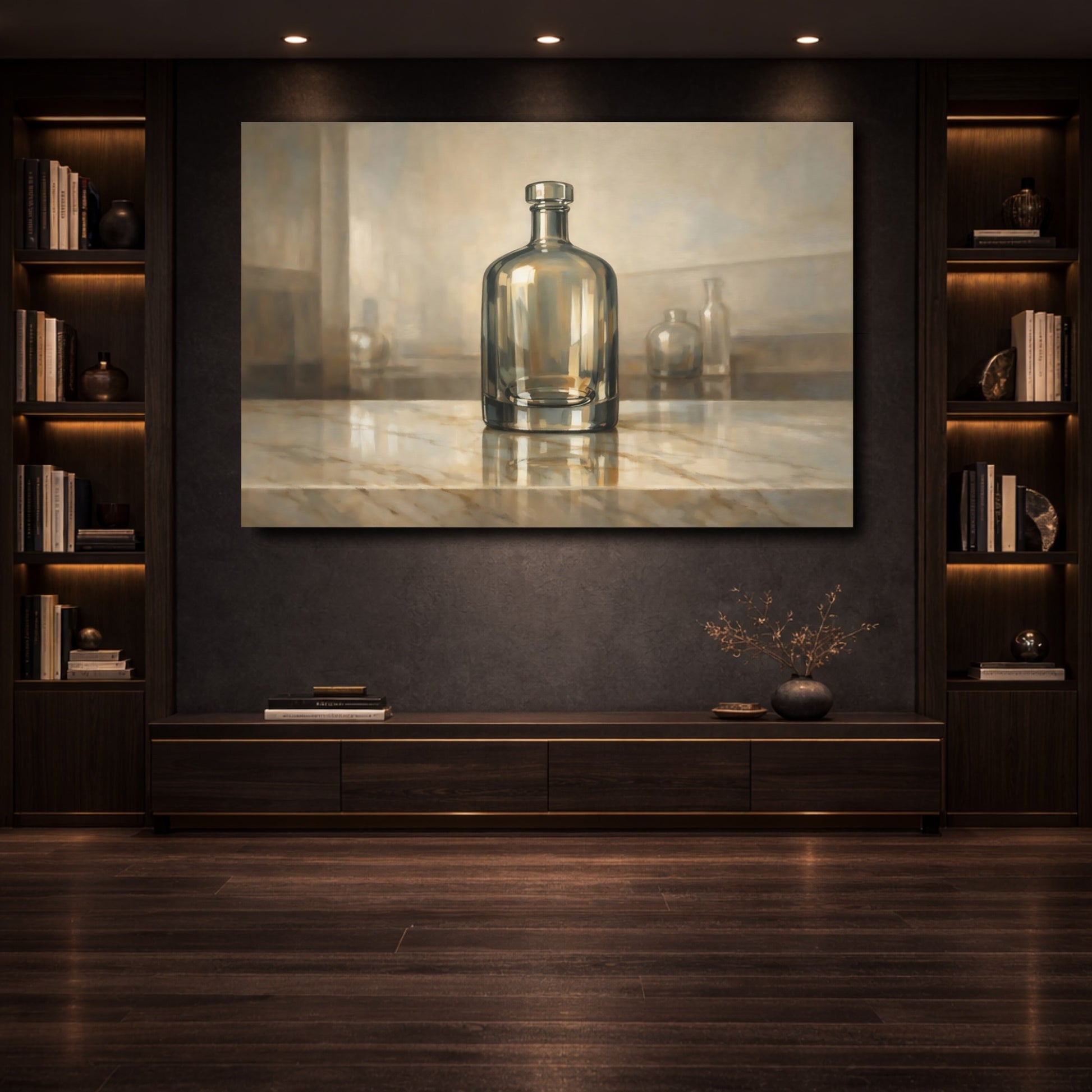 Mockup 3. Abstract Glass Bottle Brown And Gold shown as stretched canvas wall art