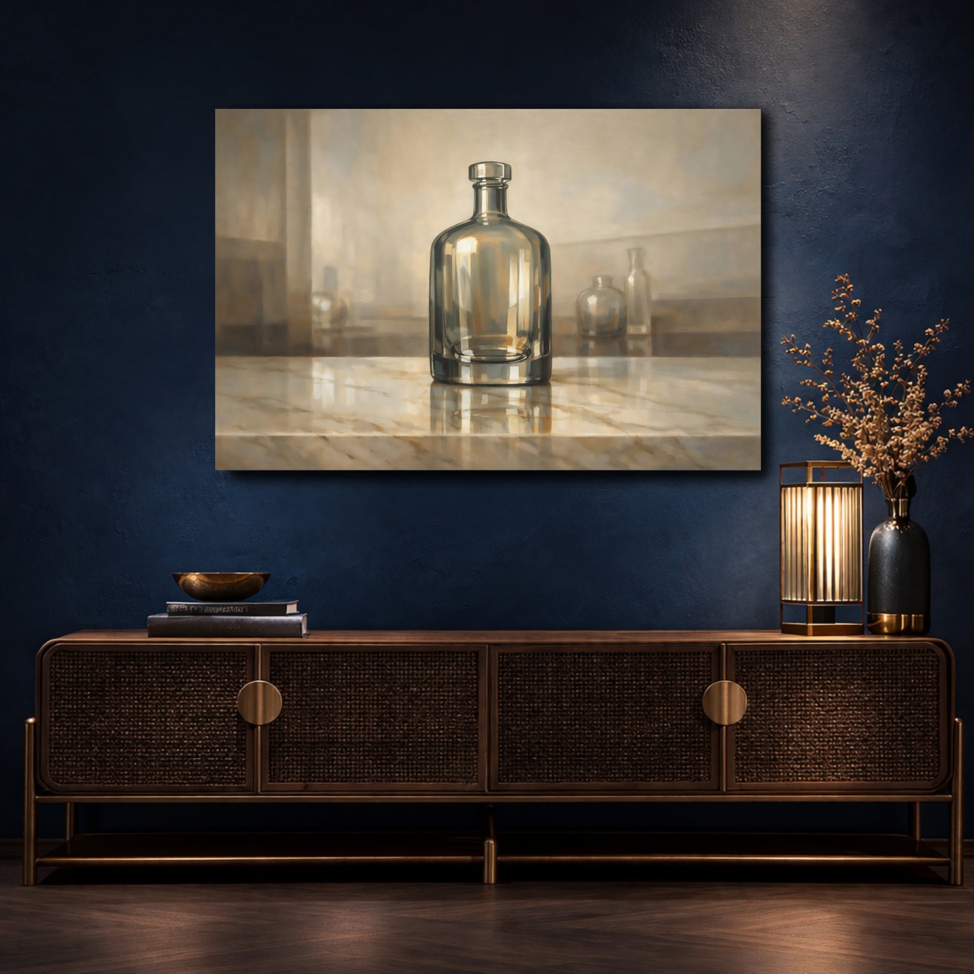 Mockup 4. Abstract Glass Bottle Brown And Gold shown as stretched canvas wall art