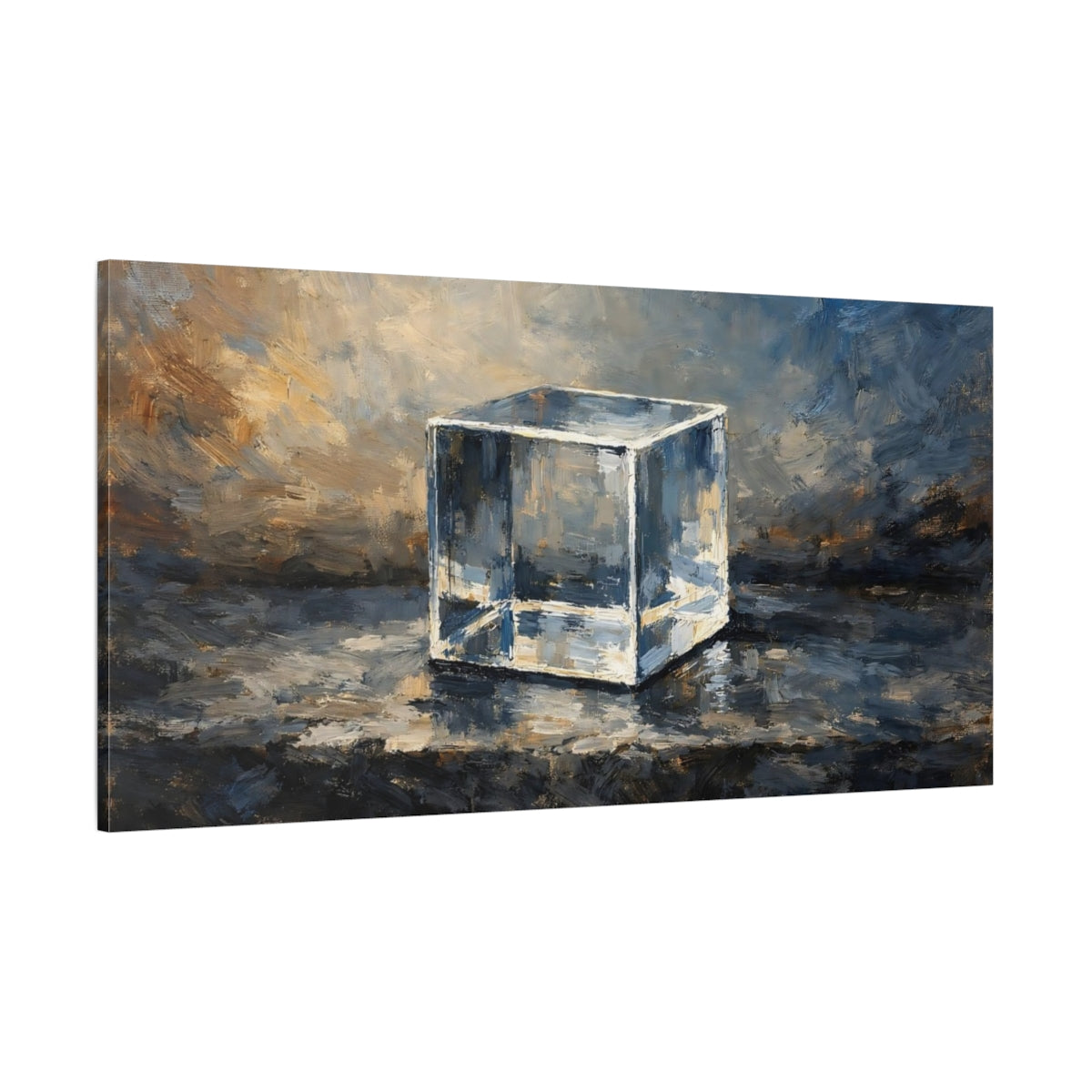 Main Mockup. Abstract Glass Cube Blue And Gold shown as stretched canvas wall art