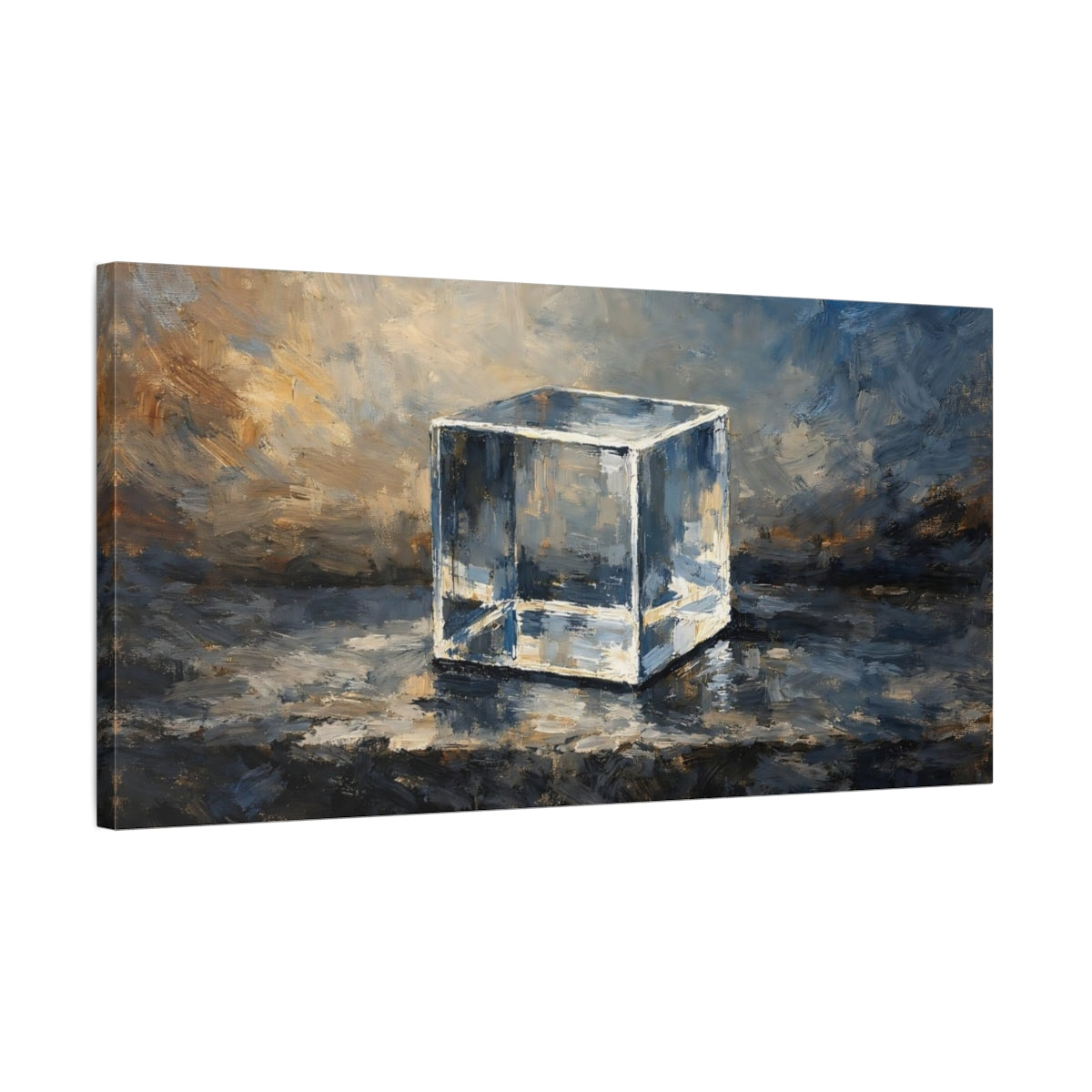 Side Mockup 2. Abstract Glass Cube Blue And Gold shown as stretched canvas wall art