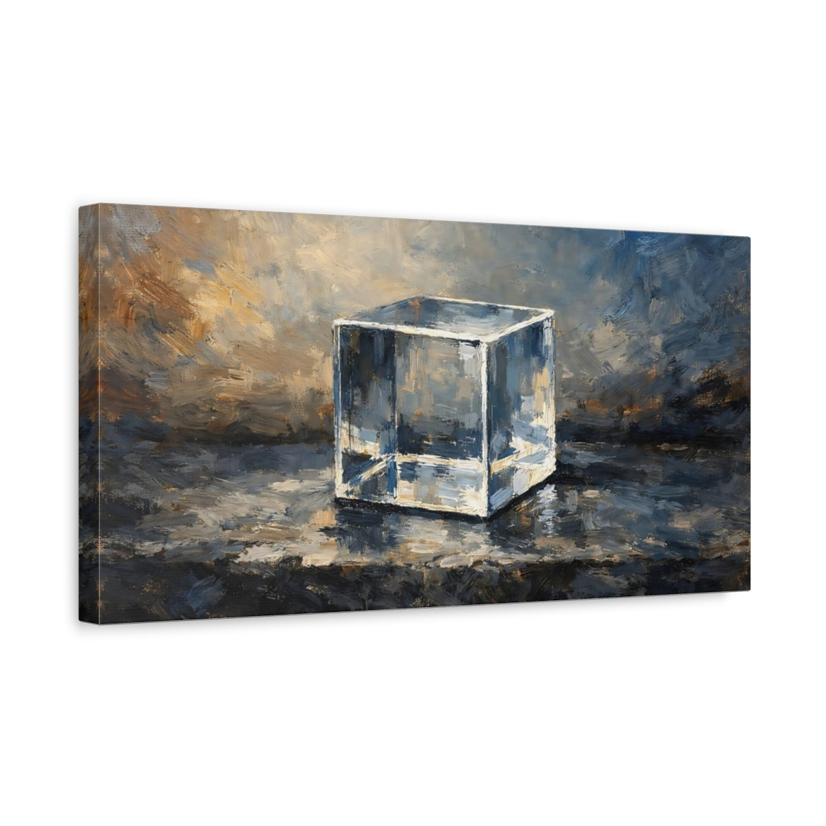 Side Mockup 3. Abstract Glass Cube Blue And Gold shown as stretched canvas wall art