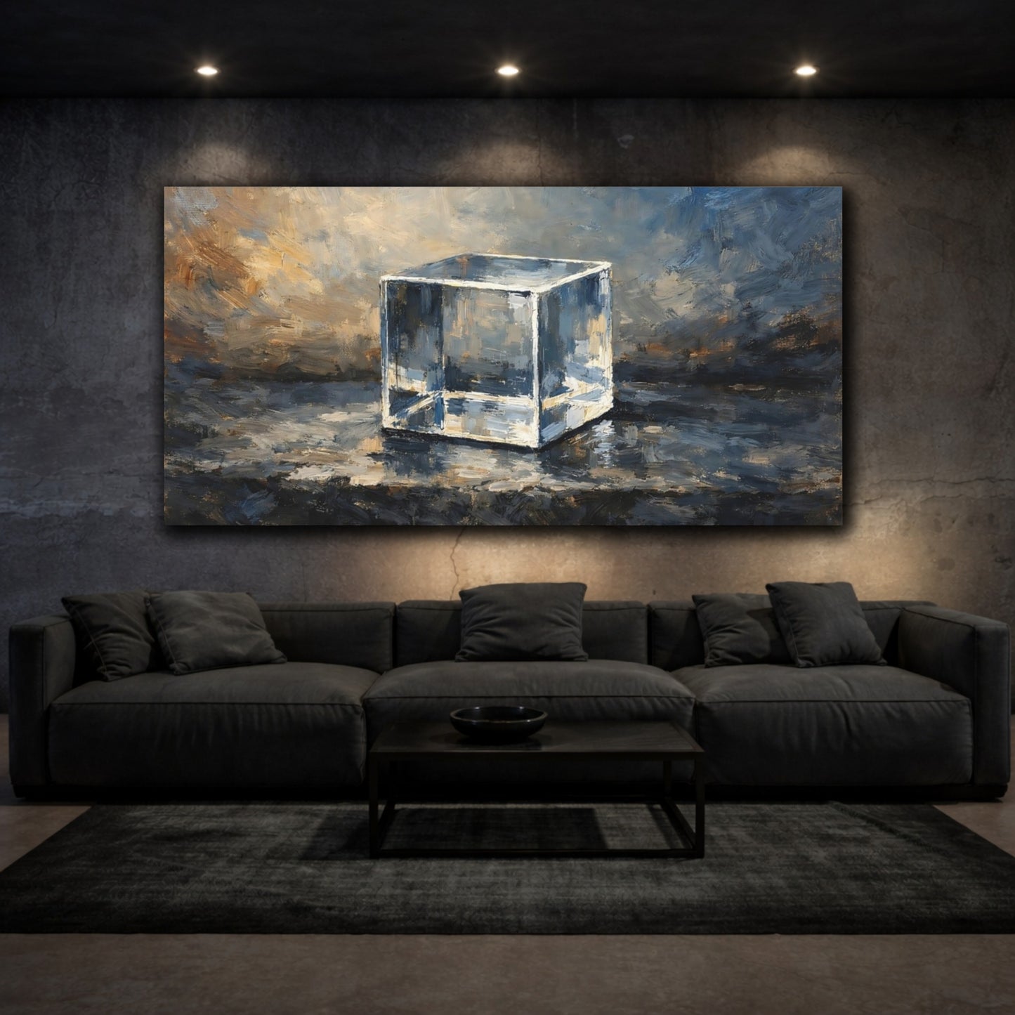 Mockup 2. Abstract Glass Cube Blue And Gold shown as stretched canvas wall art