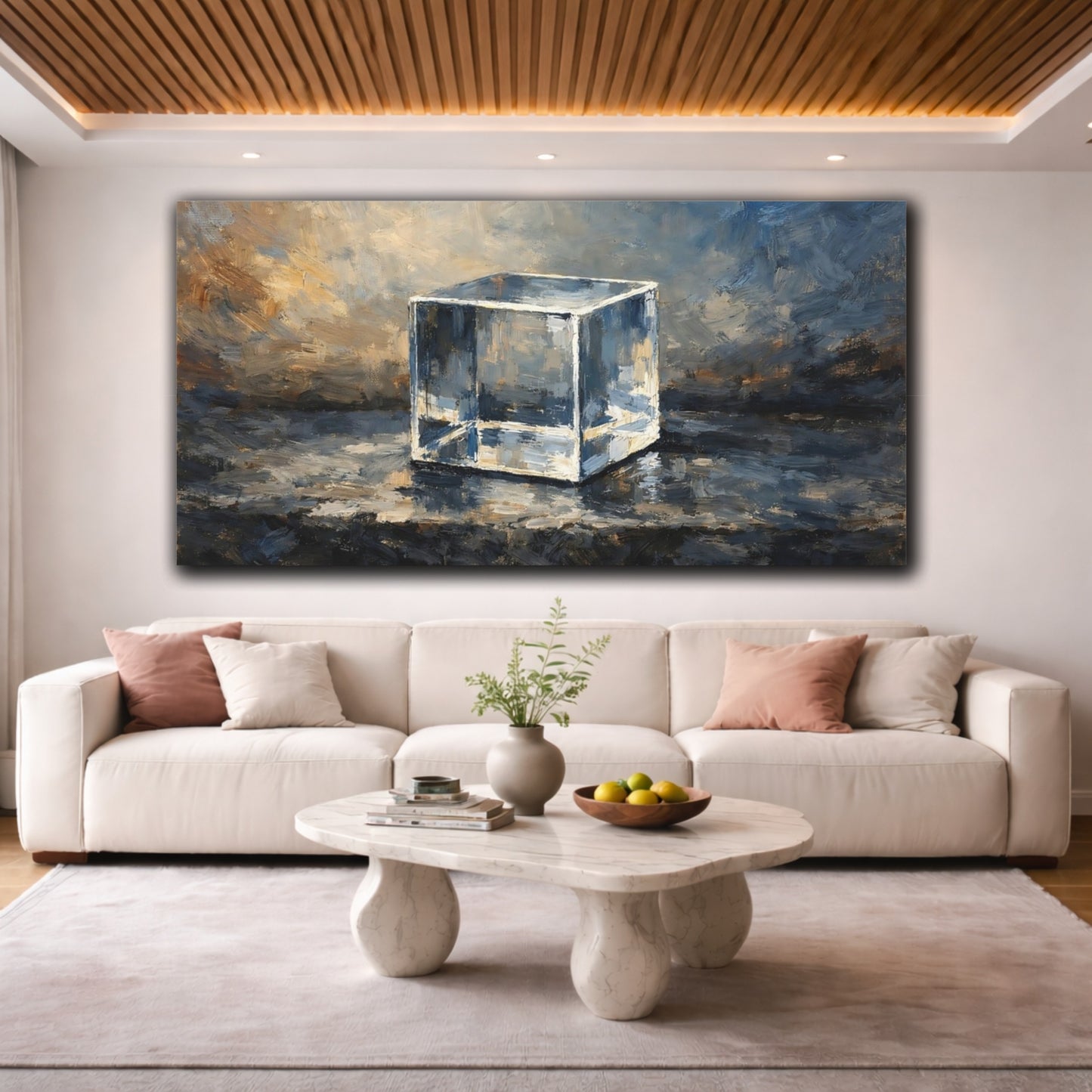 Mockup 3. Abstract Glass Cube Blue And Gold shown as stretched canvas wall art