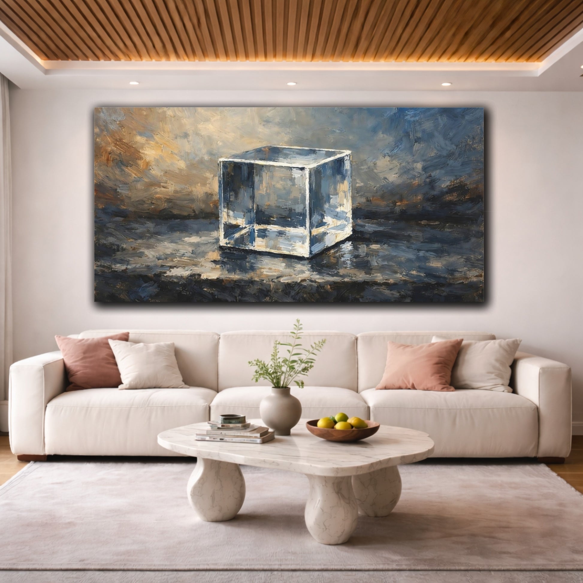 Mockup 3. Abstract Glass Cube Blue And Gold shown as stretched canvas wall art