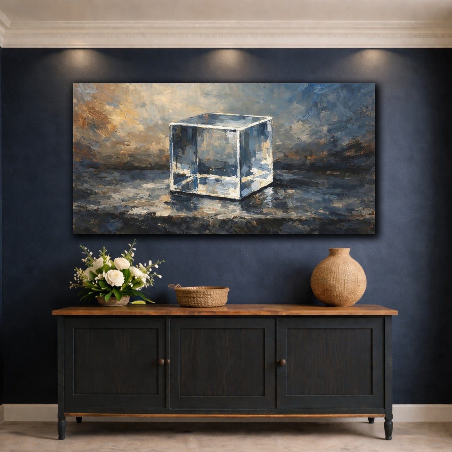 Mockup 4. Abstract Glass Cube Blue And Gold shown as stretched canvas wall art