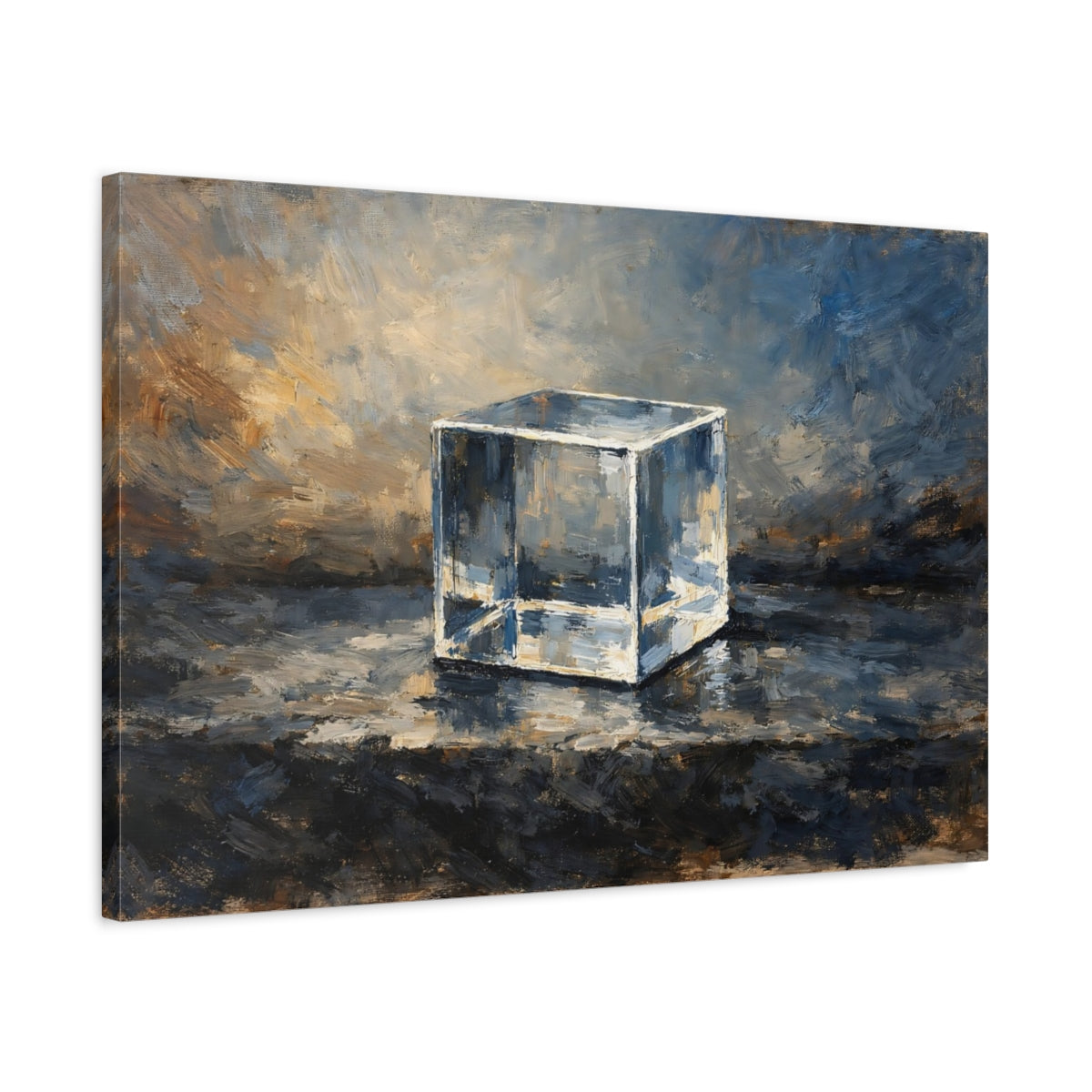 Side Mockup 2. Abstract Glass Cube Blue Brown Cube shown as stretched canvas wall art