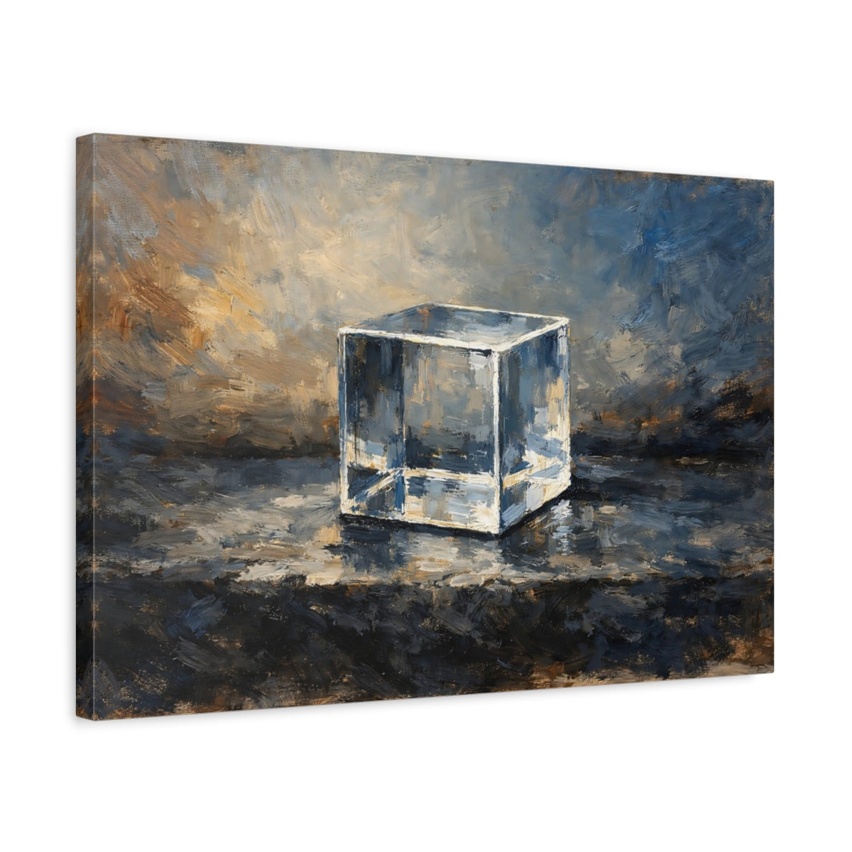 Side Mockup 3. Abstract Glass Cube Blue Brown Cube shown as stretched canvas wall art