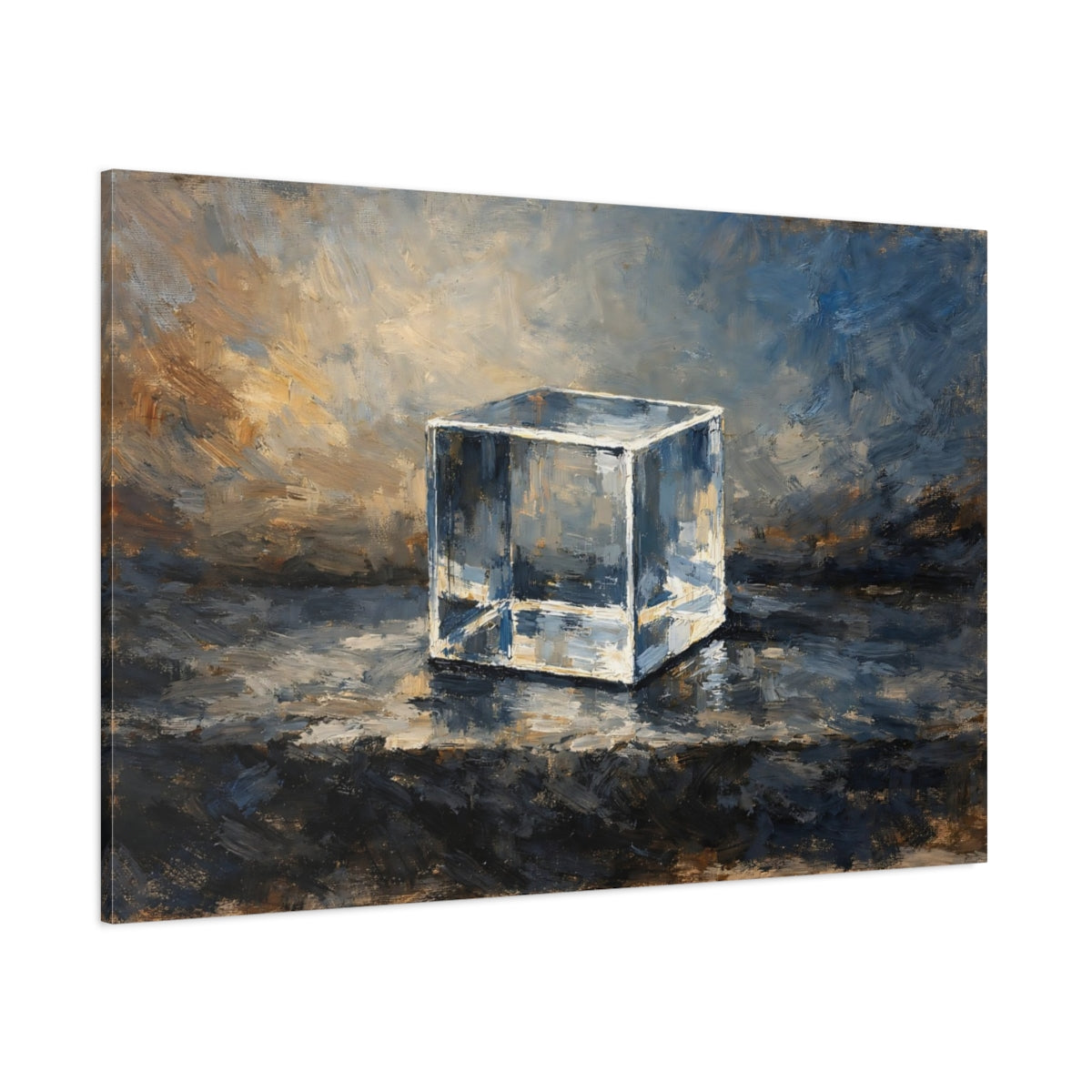 Main Mockup. Abstract Glass Cube Blue Brown Cube shown as stretched canvas wall art
