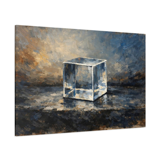 Main Mockup. Abstract Glass Cube Blue Brown Cube shown as stretched canvas wall art