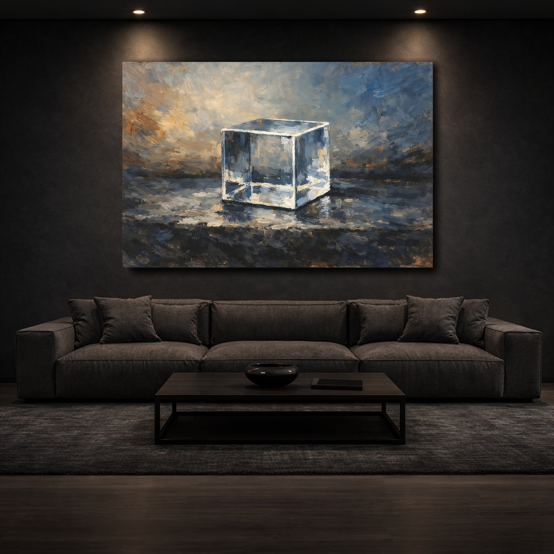 Mockup 2. Abstract Glass Cube Blue Brown Cube shown as stretched canvas wall art