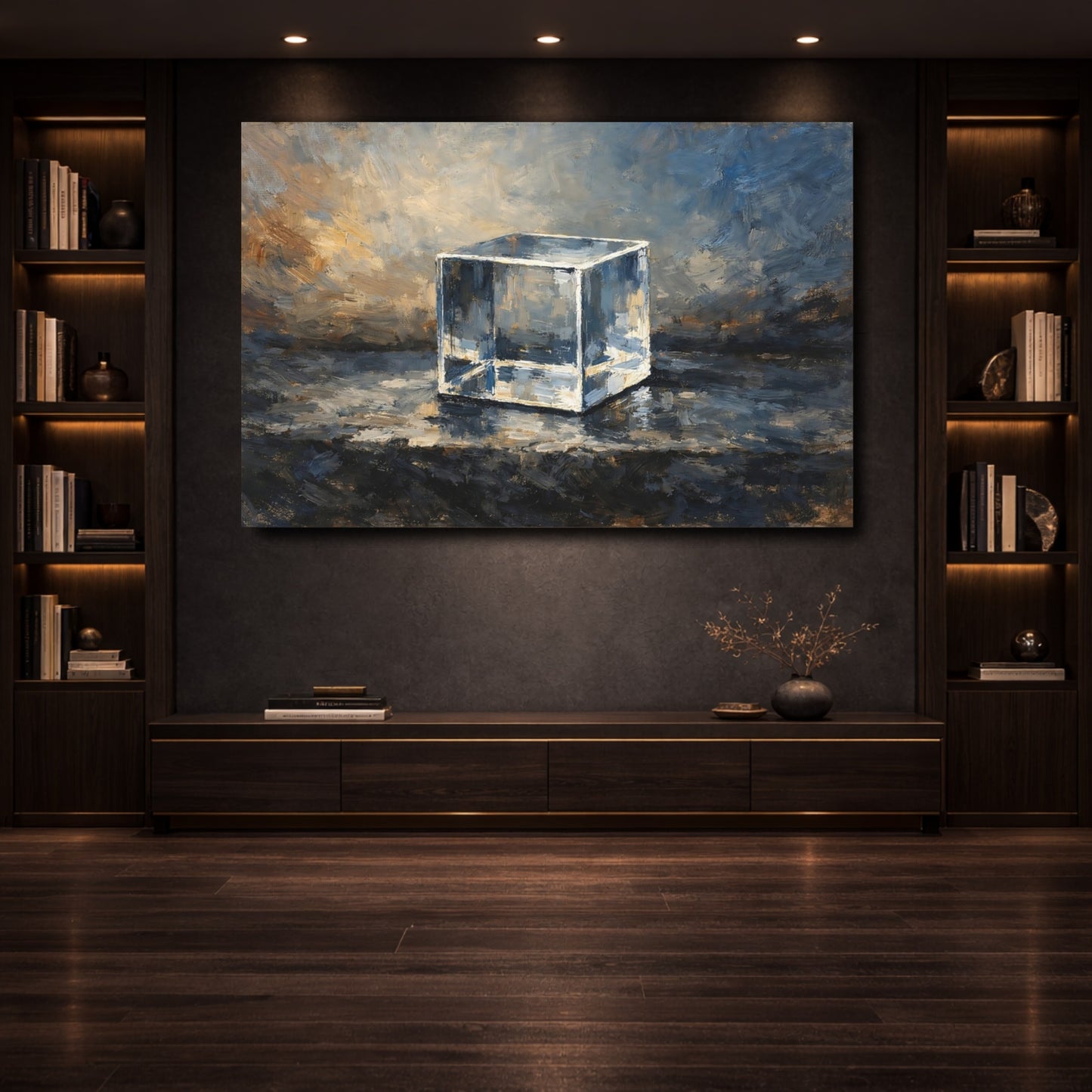 Mockup 3. Abstract Glass Cube Blue Brown Cube shown as stretched canvas wall art