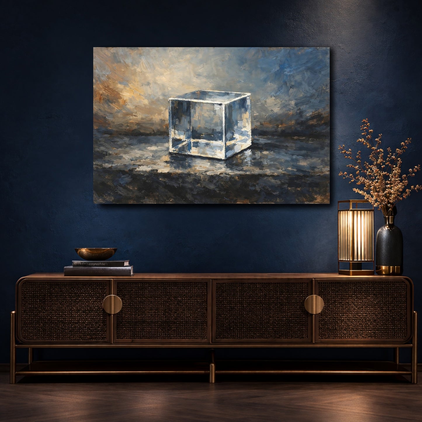 Mockup 4. Abstract Glass Cube Blue Brown Cube shown as stretched canvas wall art