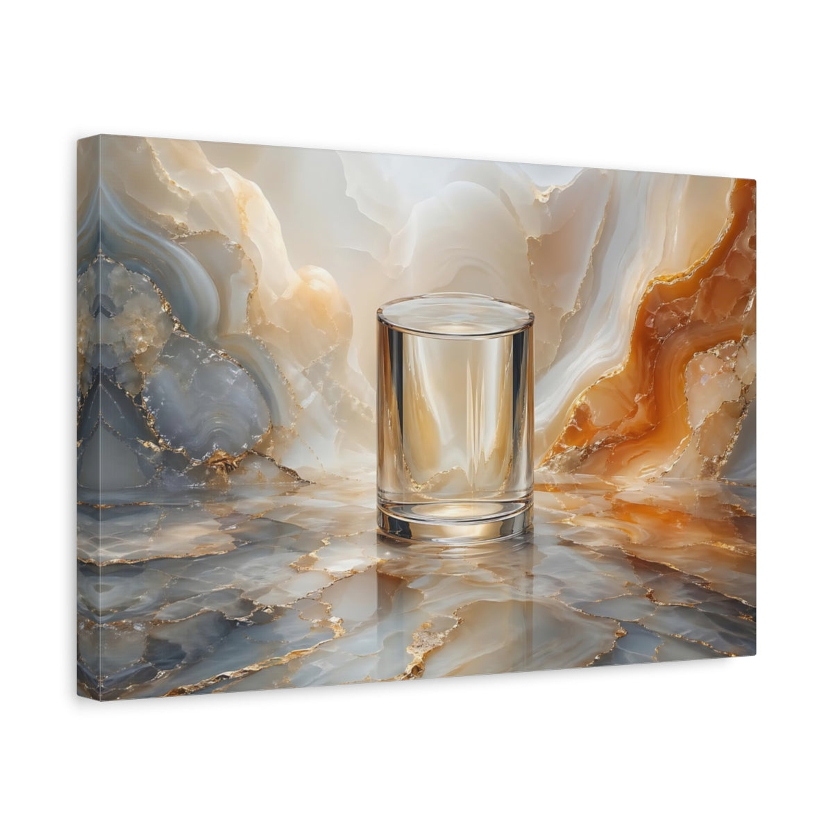 Side Mockup 4. Abstract Glass Cylinder Gold Marble Texture shown as stretched canvas wall art