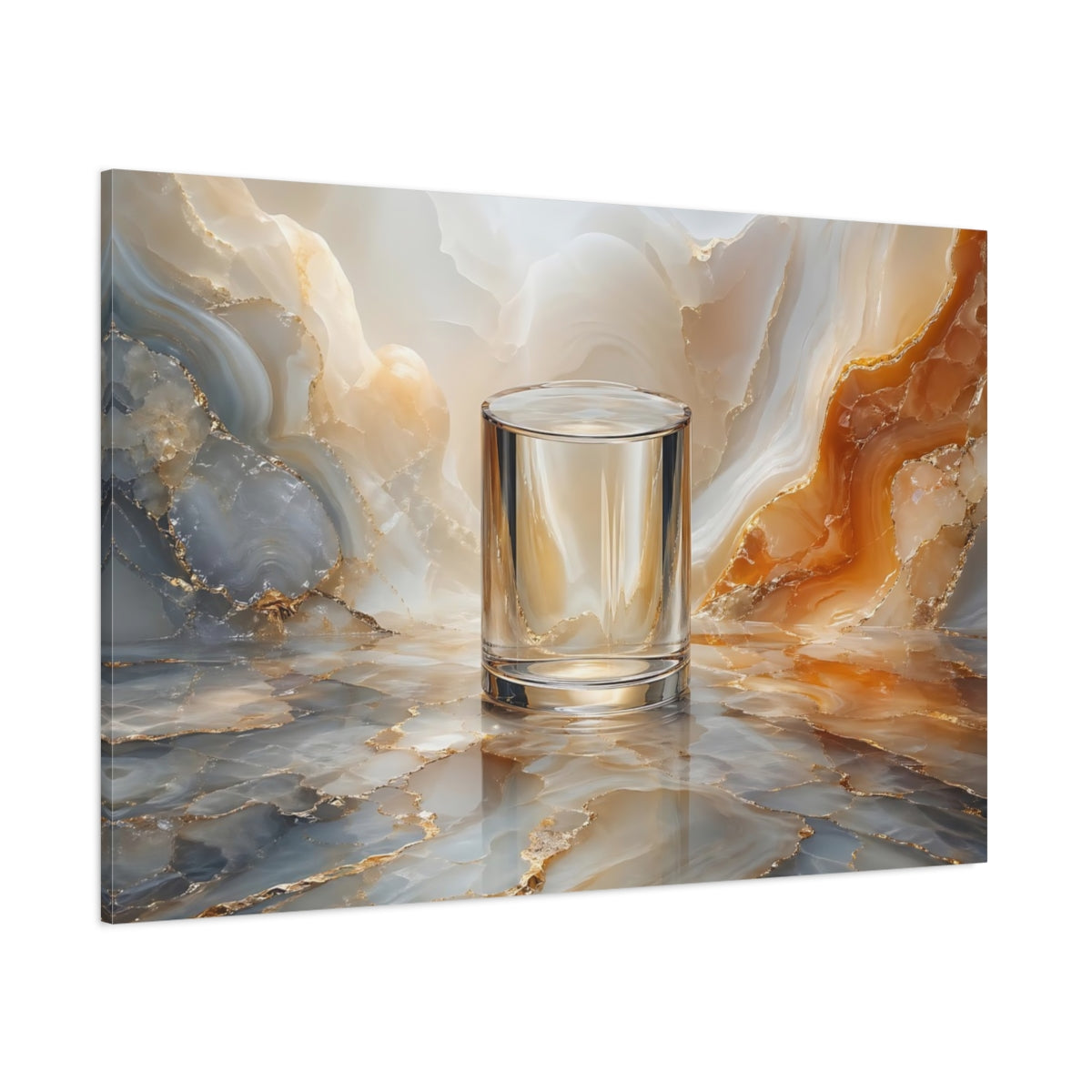 Side Mockup 1. Abstract Glass Cylinder Gold Marble Texture shown as stretched canvas wall art