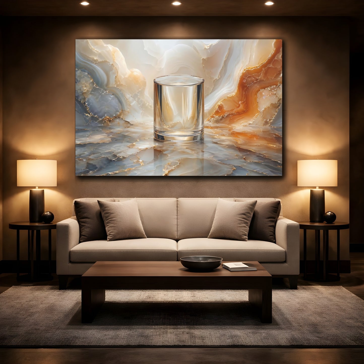Mockup 2. Abstract Glass Cylinder Gold Marble Texture shown as stretched canvas wall art