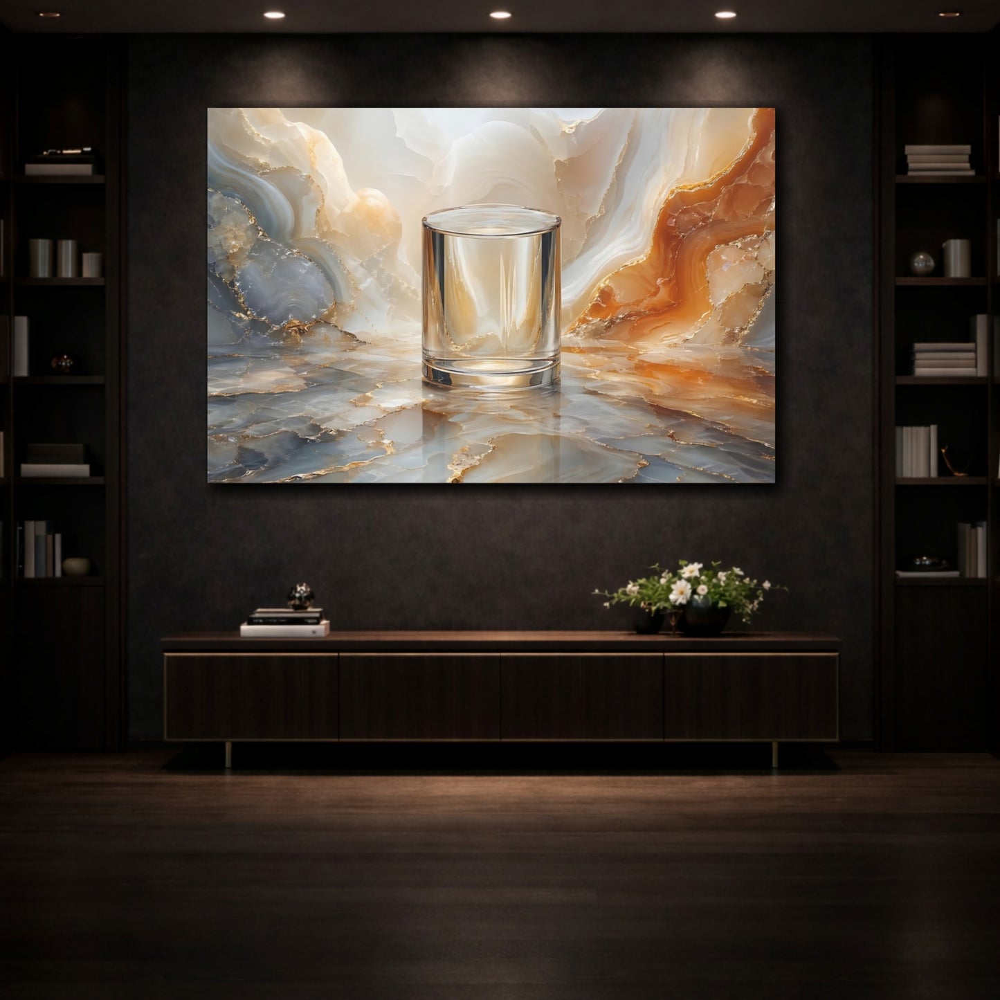 Mockup 3. Abstract Glass Cylinder Gold Marble Texture shown as stretched canvas wall art