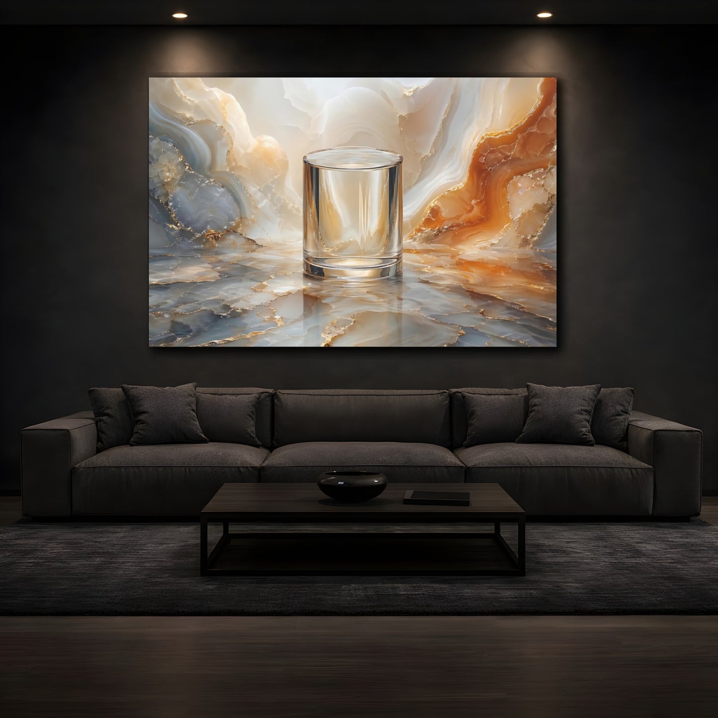 Mockup 4. Abstract Glass Cylinder Gold Marble Texture shown as stretched canvas wall art