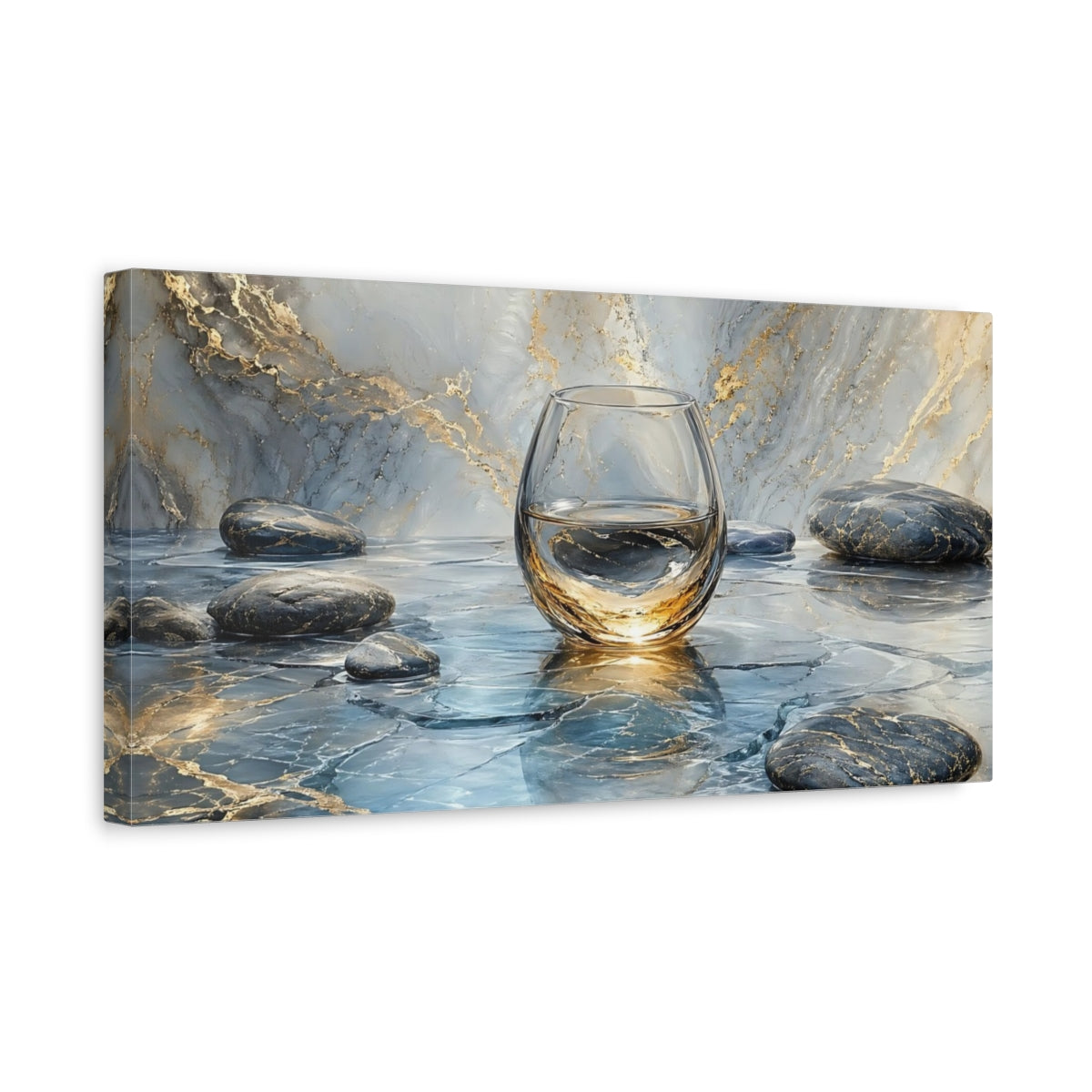 Side Mockup 3. Abstract Glass Of Water Blue And Gold shown as stretched canvas wall art