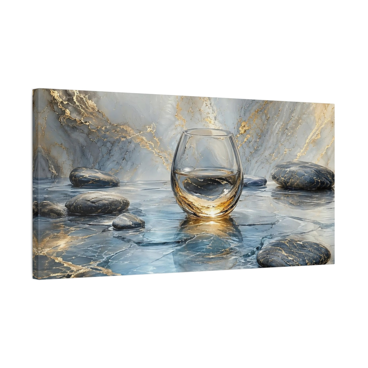 Side Mockup 1. Abstract Glass Of Water Blue And Gold shown as stretched canvas wall art