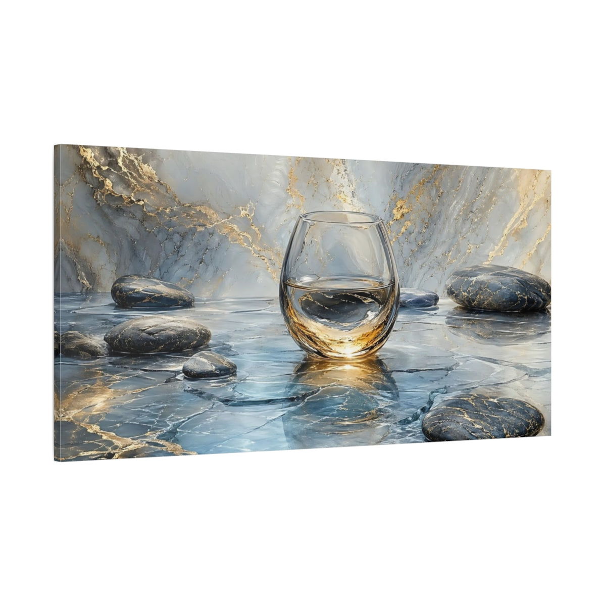 Side Mockup 2. Abstract Glass Of Water Blue And Gold shown as stretched canvas wall art