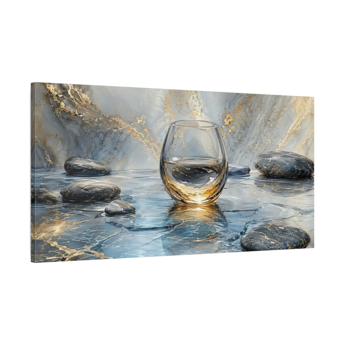 Main Mockup. Abstract Glass Of Water Blue And Gold shown as stretched canvas wall art