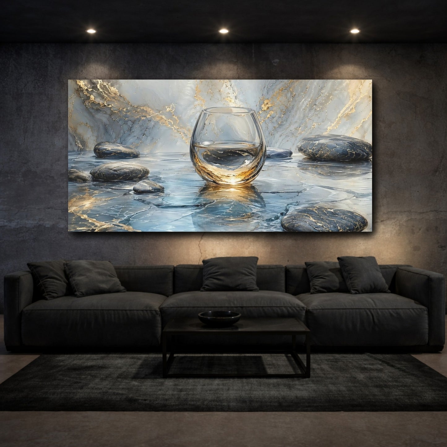 Mockup 2. Abstract Glass Of Water Blue And Gold shown as stretched canvas wall art