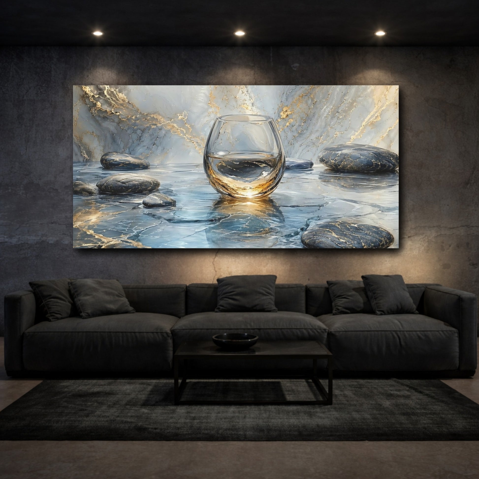 Mockup 2. Abstract Glass Of Water Blue And Gold shown as stretched canvas wall art