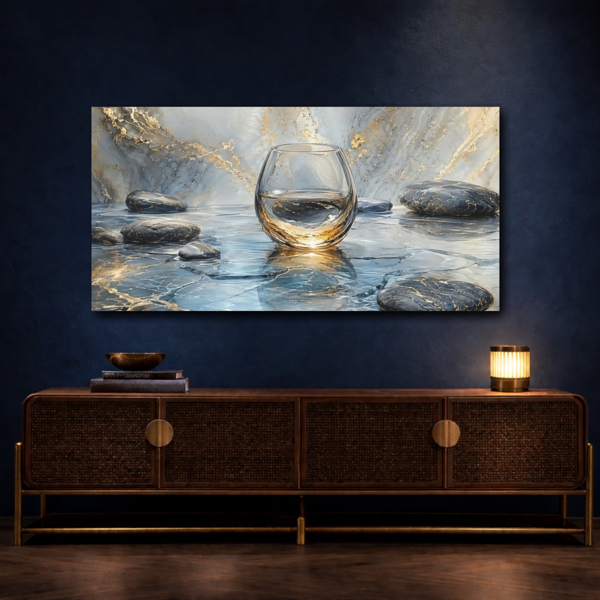 Mockup 3. Abstract Glass Of Water Blue And Gold shown as stretched canvas wall art