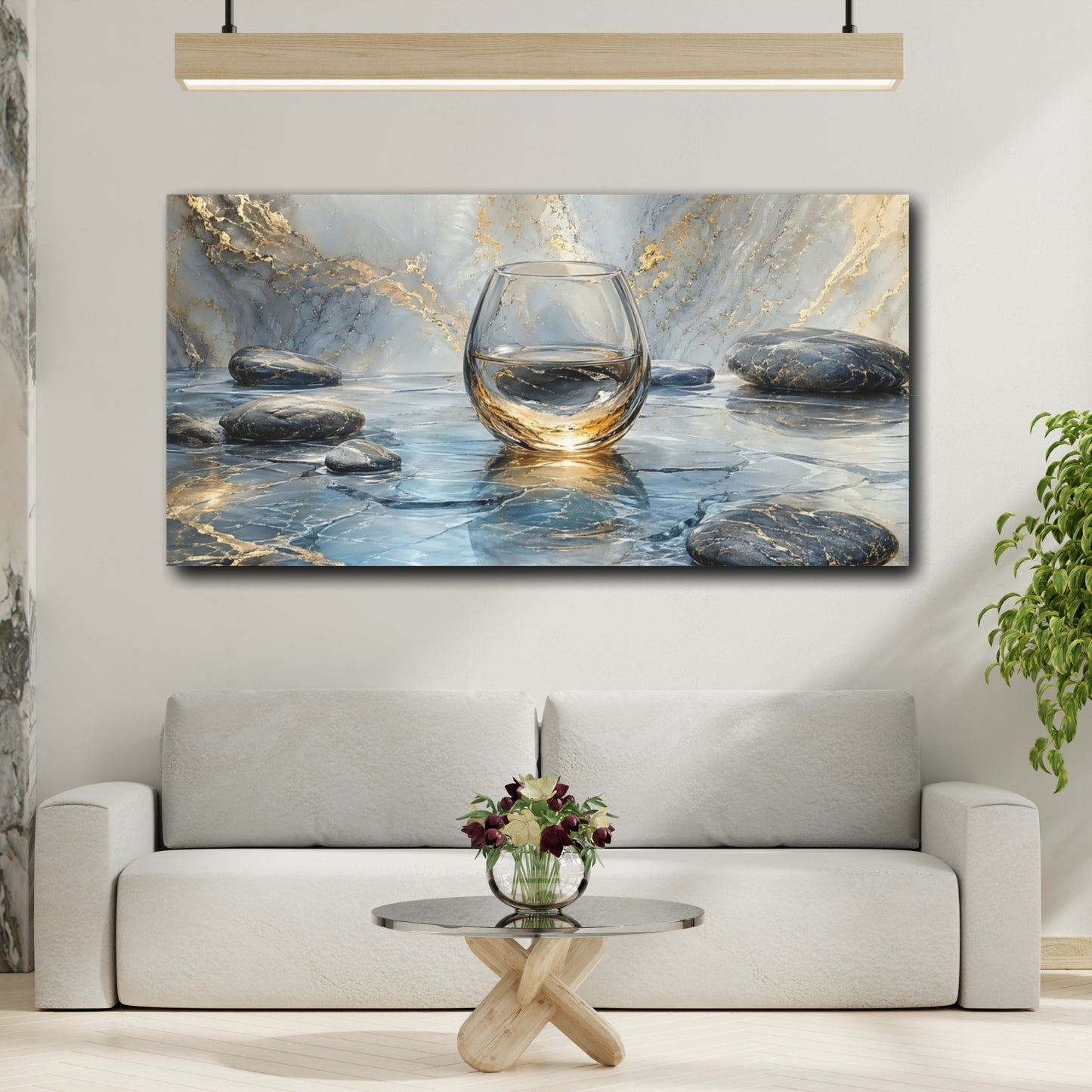 Mockup 4. Abstract Glass Of Water Blue And Gold shown as stretched canvas wall art