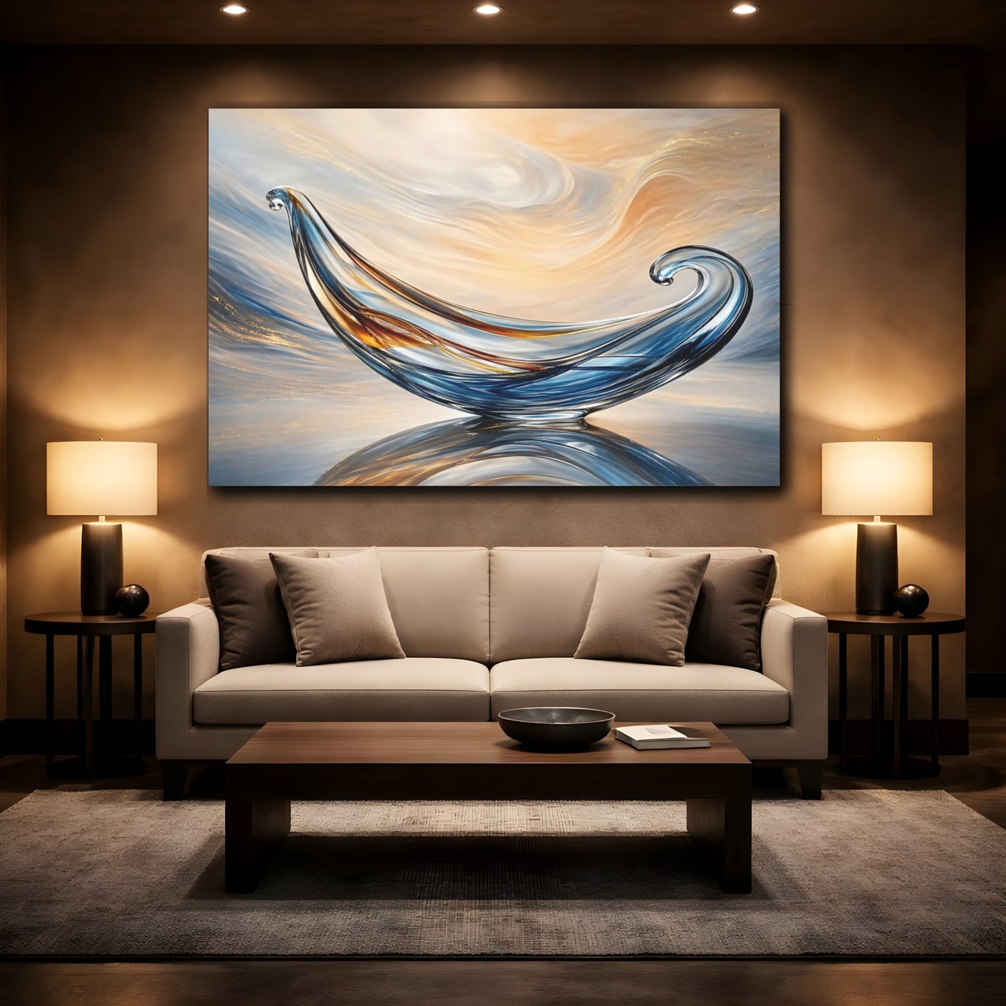 Mockup 2. Abstract Glass Sculpture Blue Gold Abstract shown as stretched canvas wall art