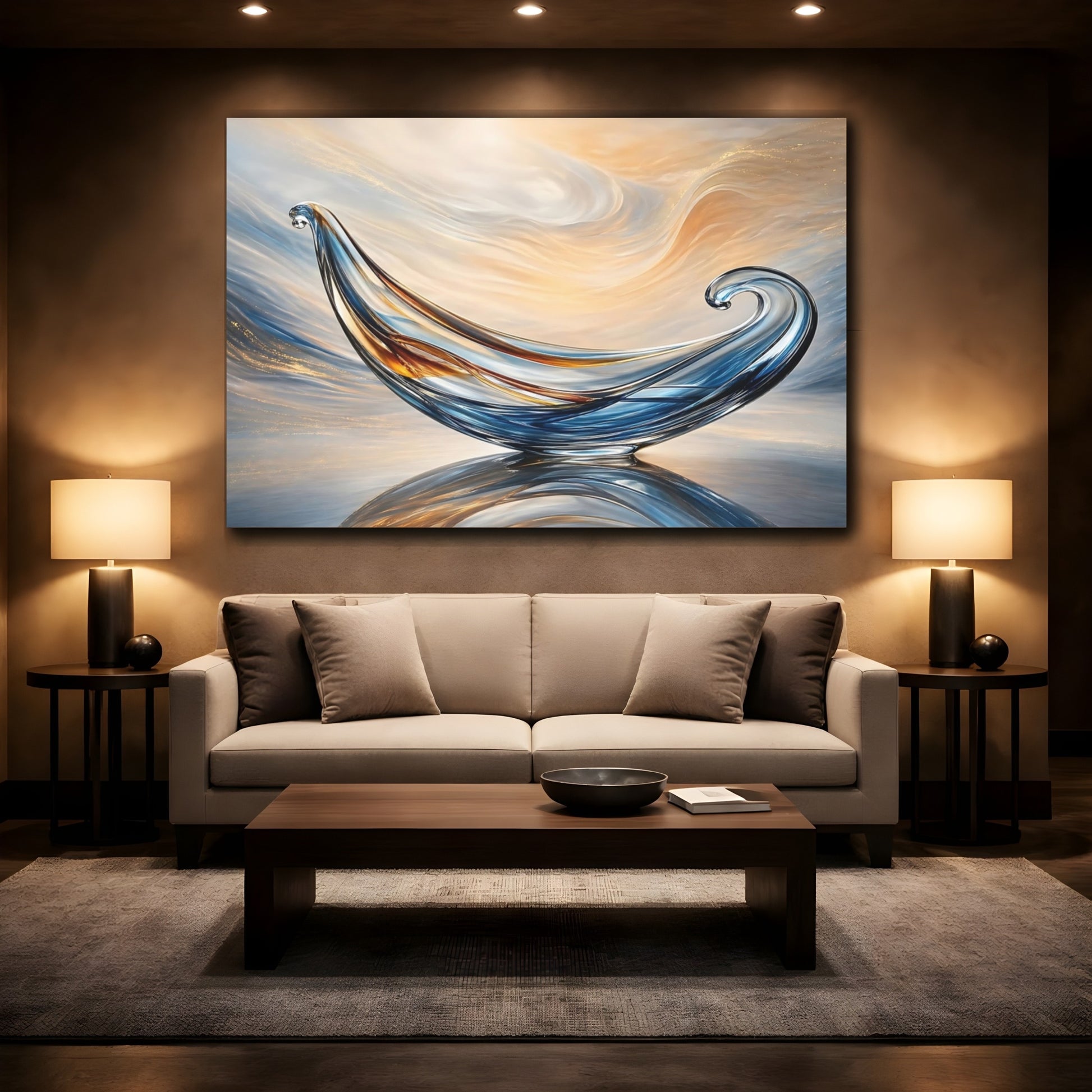 Mockup 2. Abstract Glass Sculpture Blue Gold Abstract shown as stretched canvas wall art