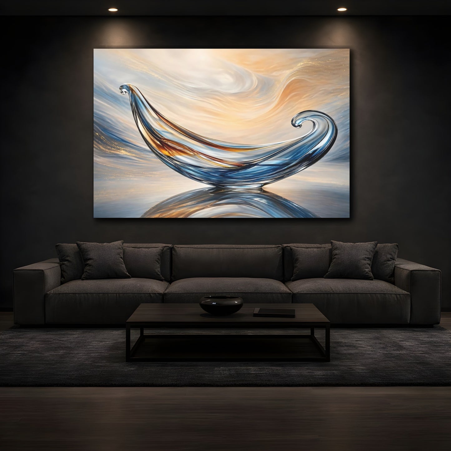 Mockup 3. Abstract Glass Sculpture Blue Gold Abstract shown as stretched canvas wall art