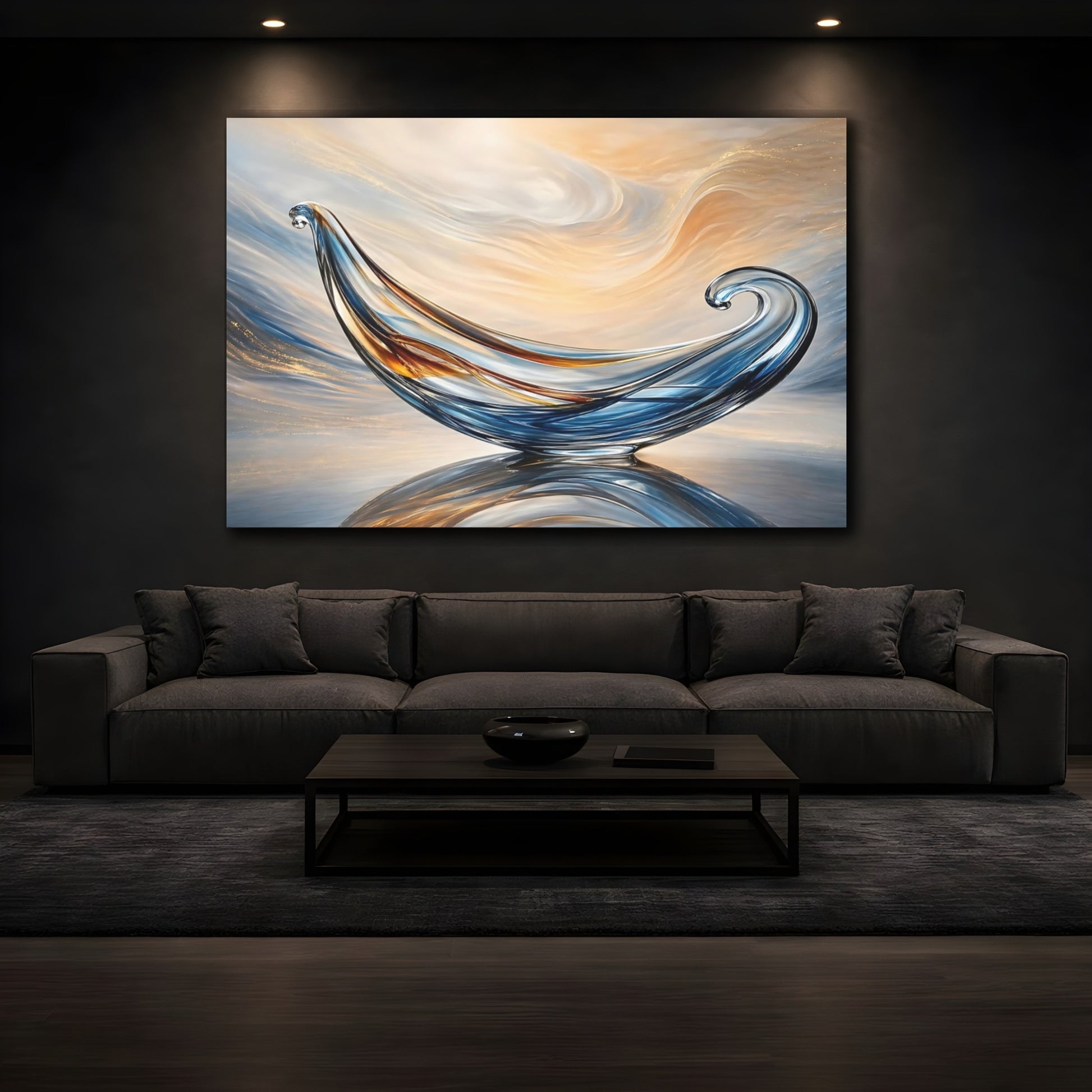Mockup 3. Abstract Glass Sculpture Blue Gold Abstract shown as stretched canvas wall art