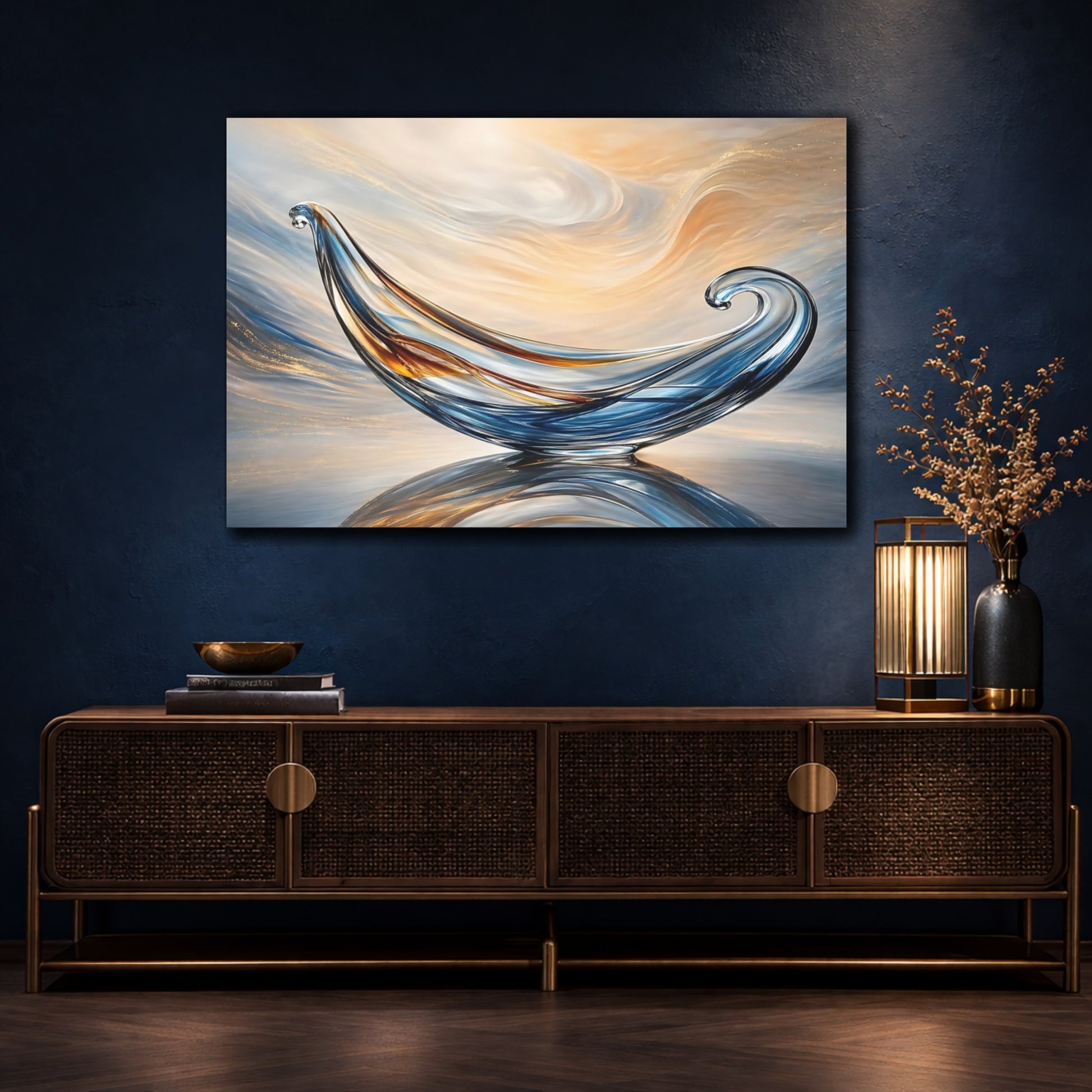 Mockup 4. Abstract Glass Sculpture Blue Gold Abstract shown as stretched canvas wall art