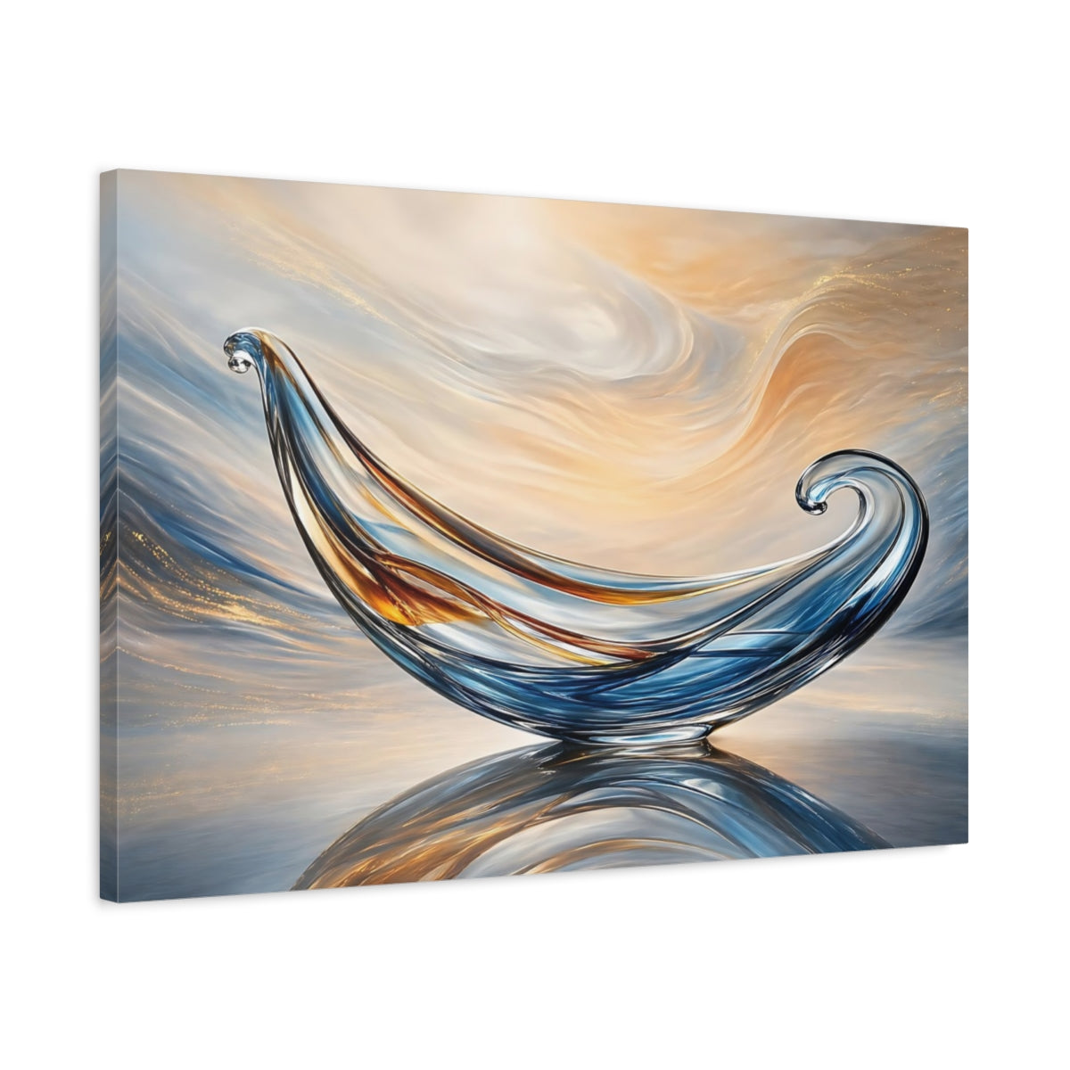 Side Mockup 2. Abstract Glass Sculpture Blue Gold Abstract shown as stretched canvas wall art