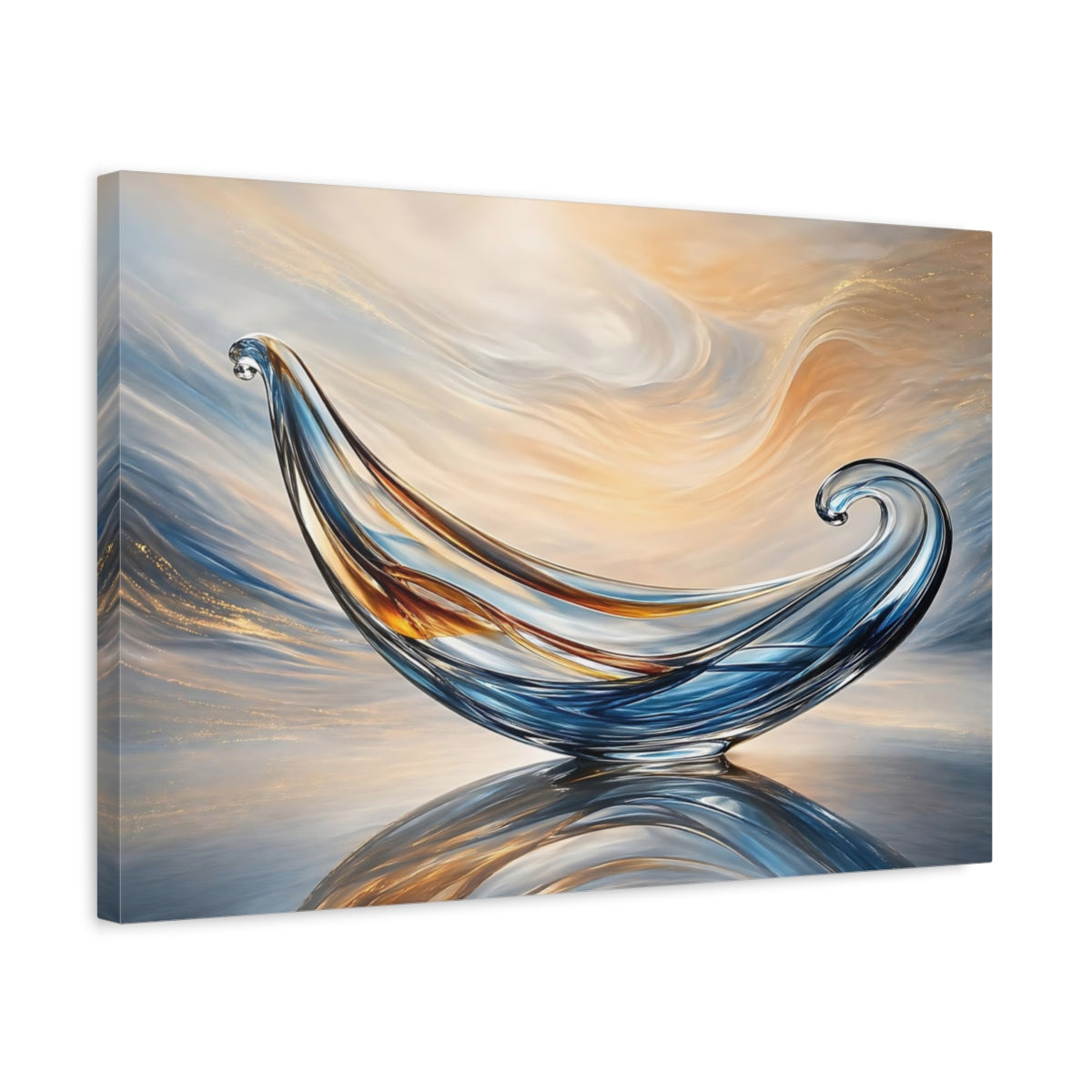Side Mockup 3. Abstract Glass Sculpture Blue Gold Abstract shown as stretched canvas wall art