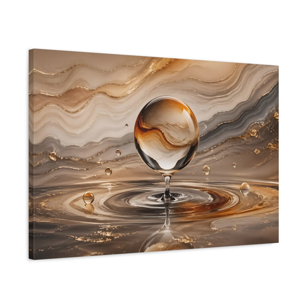 Side Mockup 2. Abstract Glass Sphere Gold And Brown shown as stretched canvas wall art